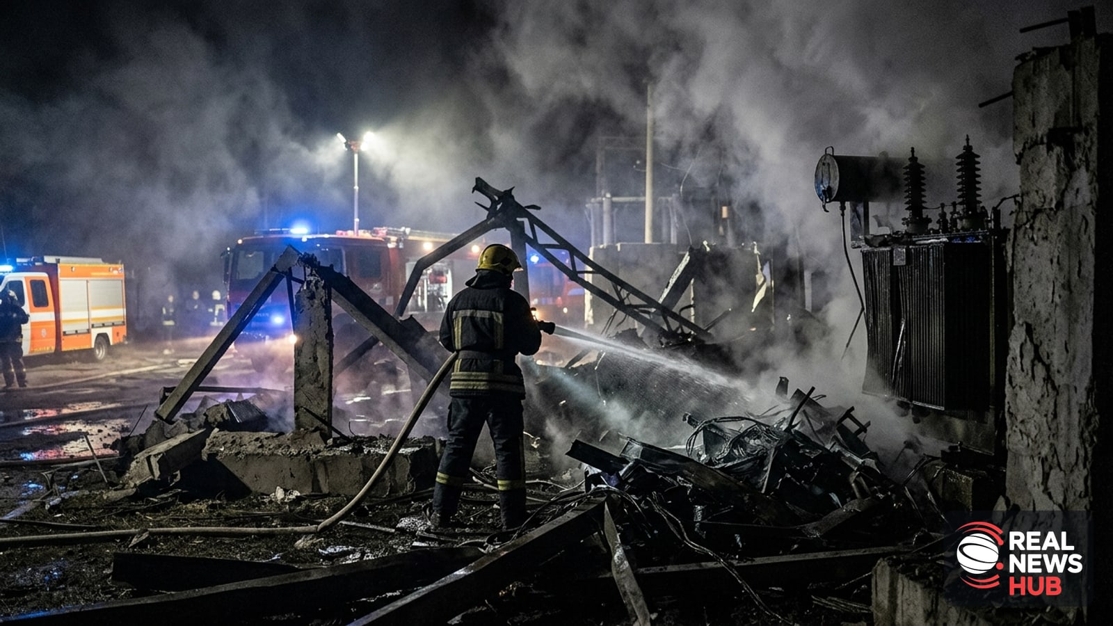 Firefighters spray water on charred debris and damaged power equipment at night amidst heavy smoke.