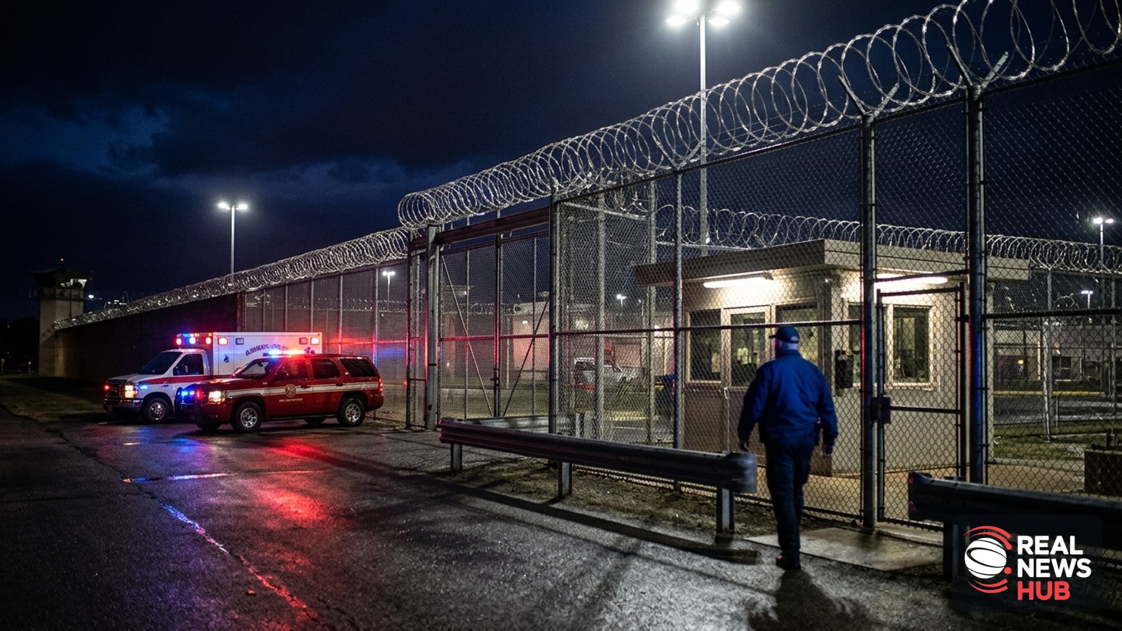 Emergency vehicles with flashing red lights parked outside a high-security prison gate topped with razor wire at night.