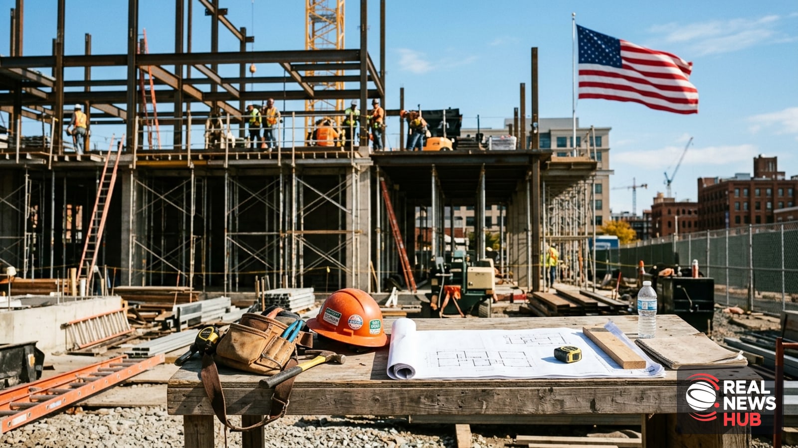 A commercial construction site at pause with scaffolding, tools, and a large blurred American flag in the background.