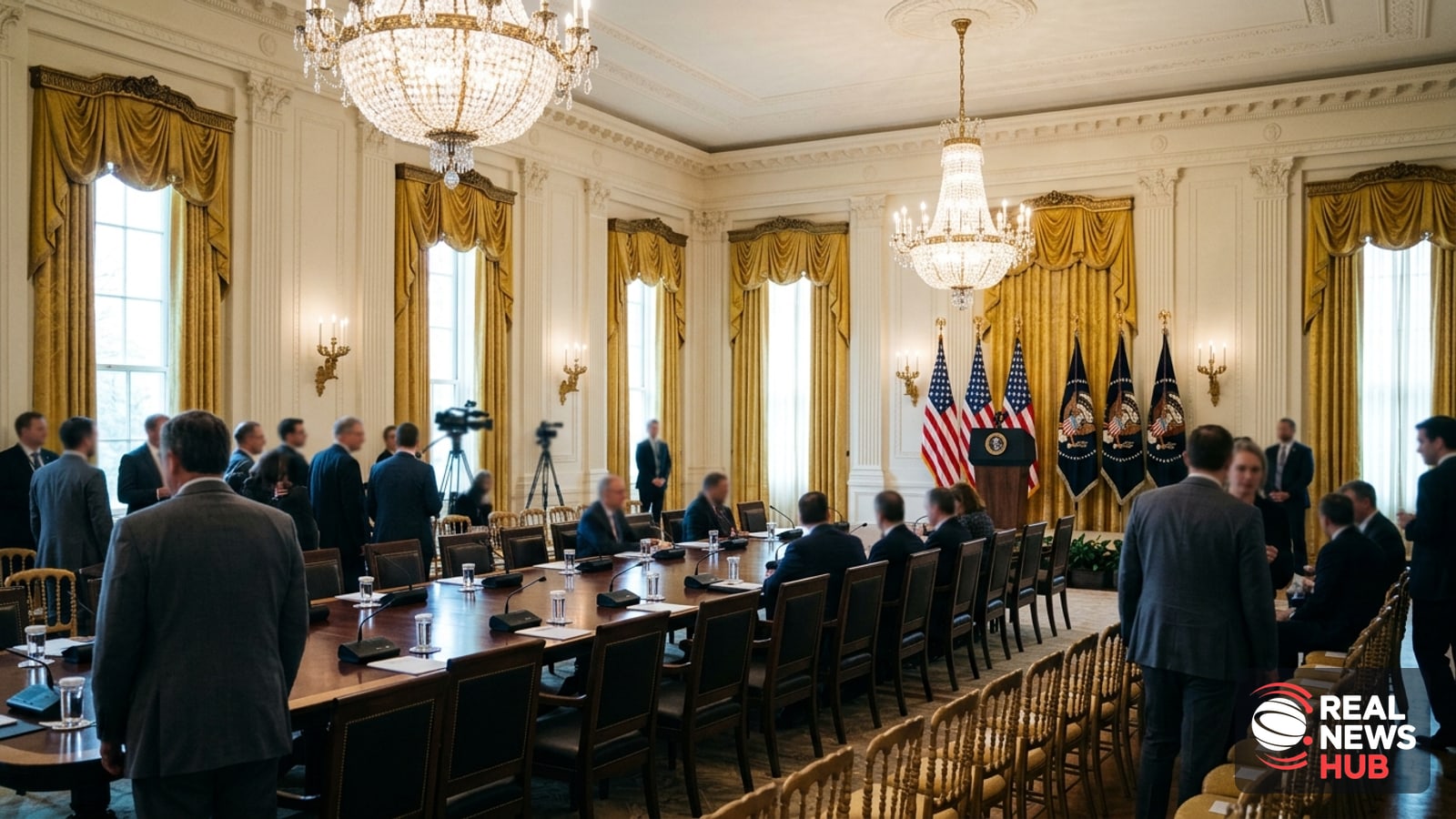 The White House East Room set for a high-level meeting between officials and technology executives, with generic figures seated at a formal table.