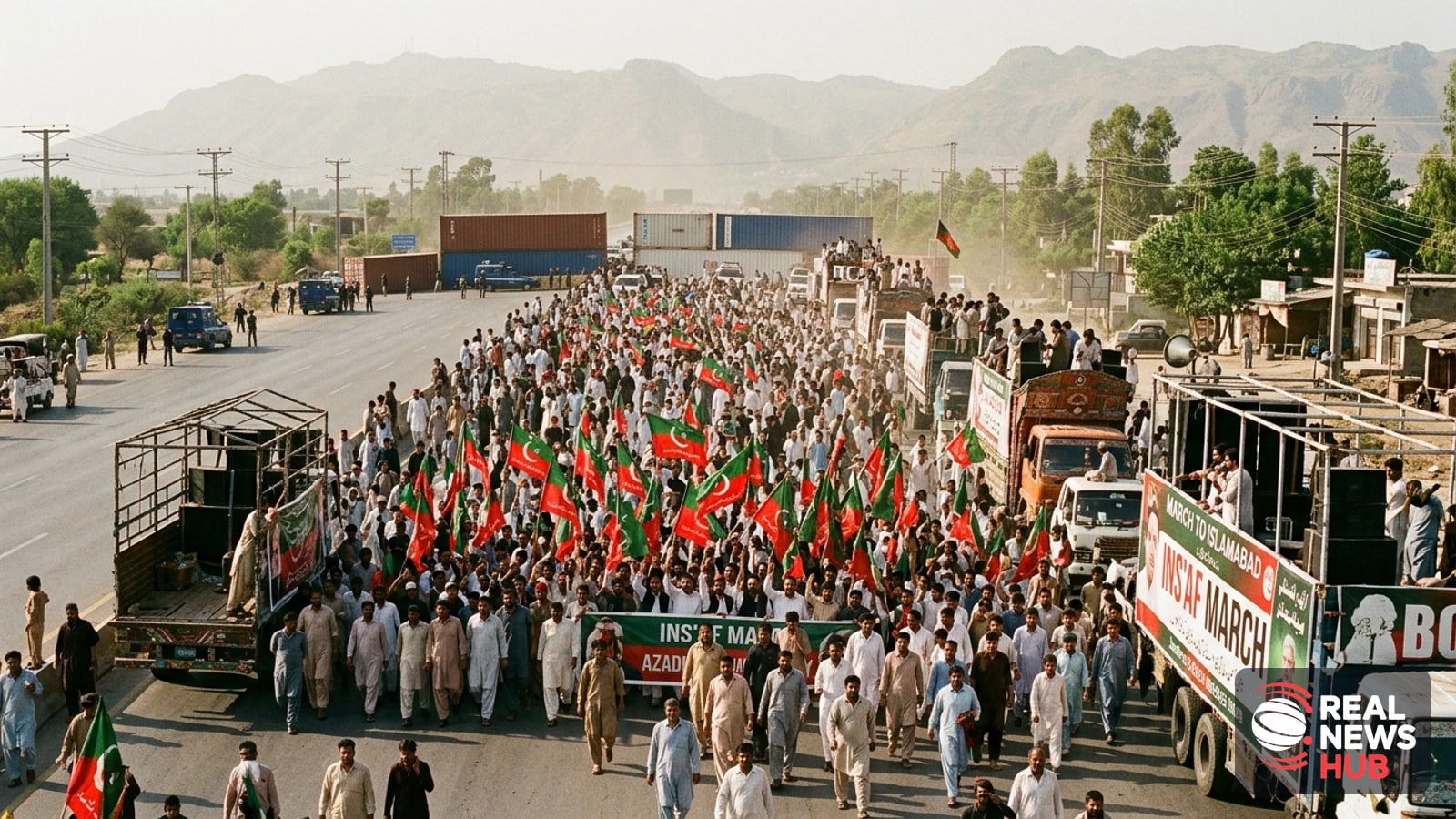A convoy of trucks and crowds of political supporters waving red and green banners along a dusty highway leading toward Islamabad.