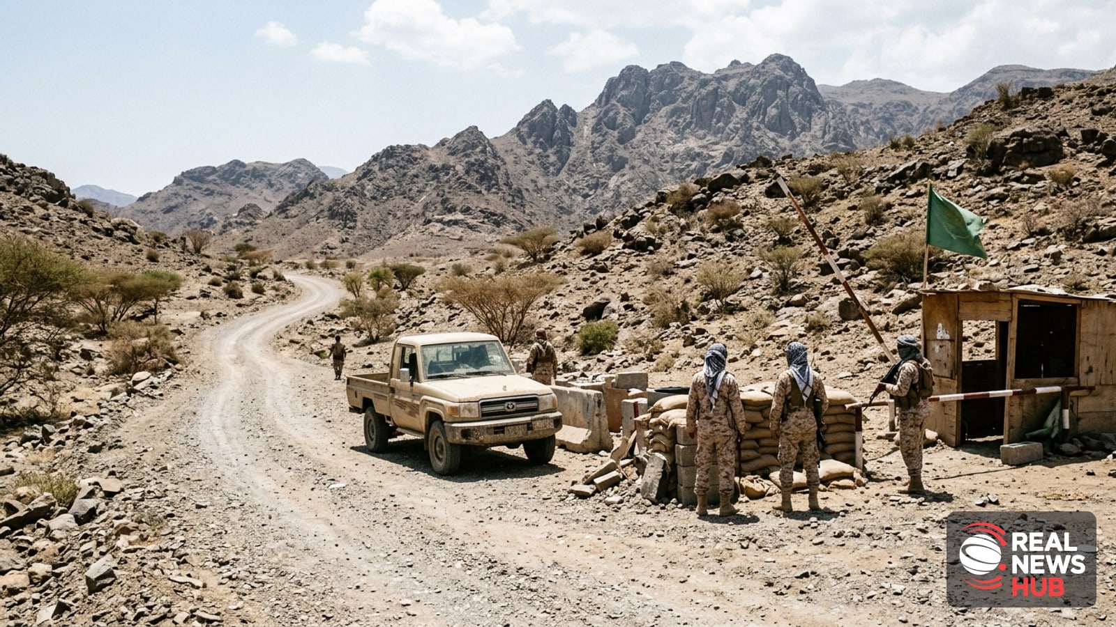 Military checkpoint on a dusty rural road in Yemen with armed figures standing near a pickup truck under harsh sunlight.