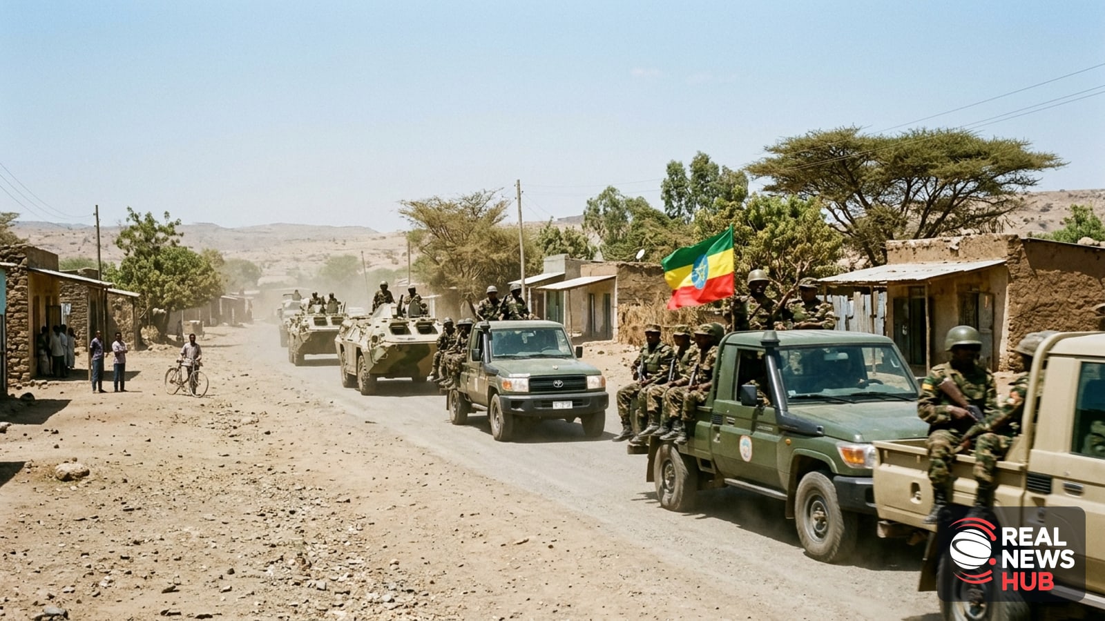 Military convoy with armed soldiers drives through a dusty street in a northern Ethiopian town amid ongoing conflict