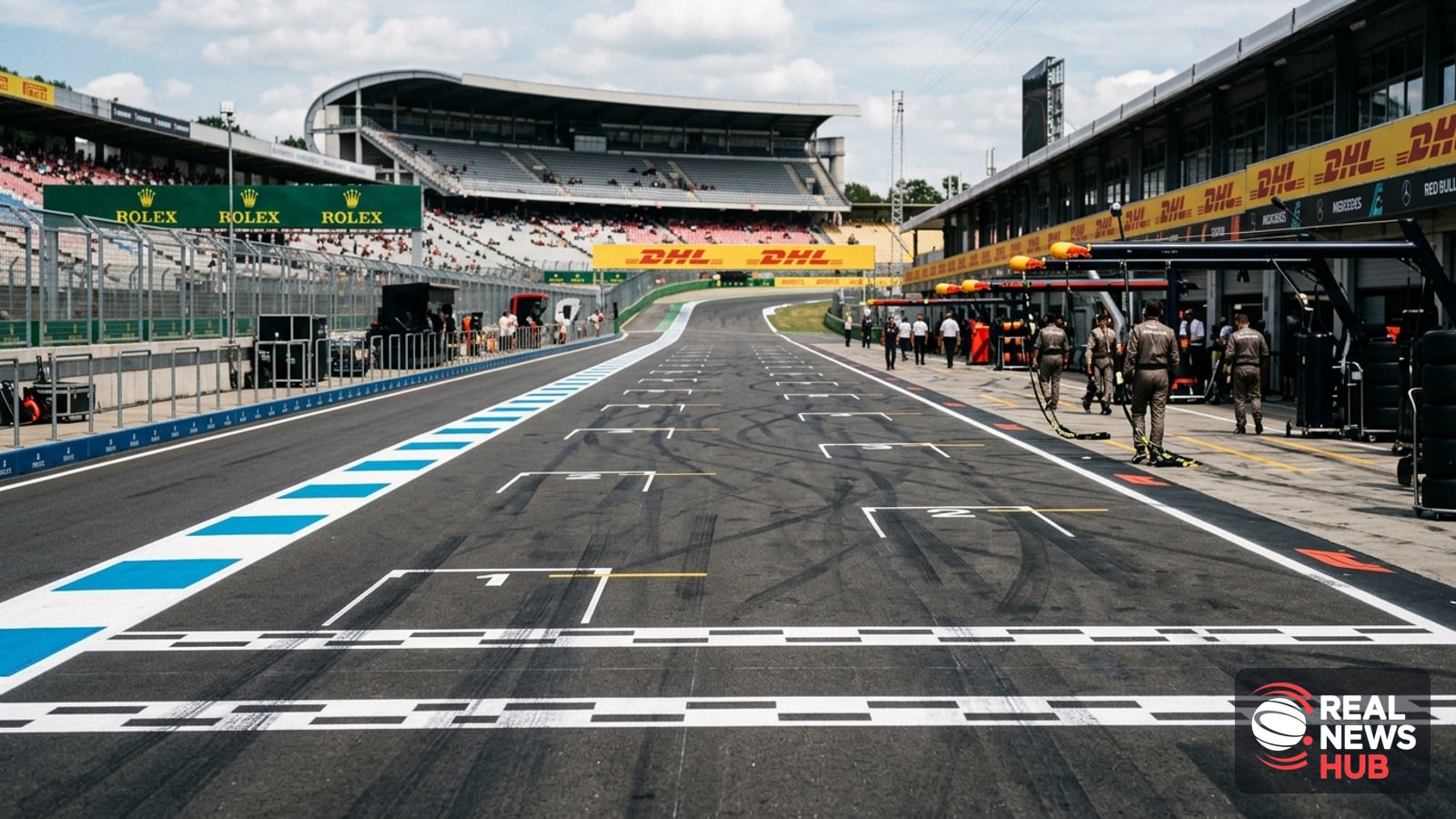 Empty modern racing circuit pit lane and starting grid in daytime, viewed from the track.