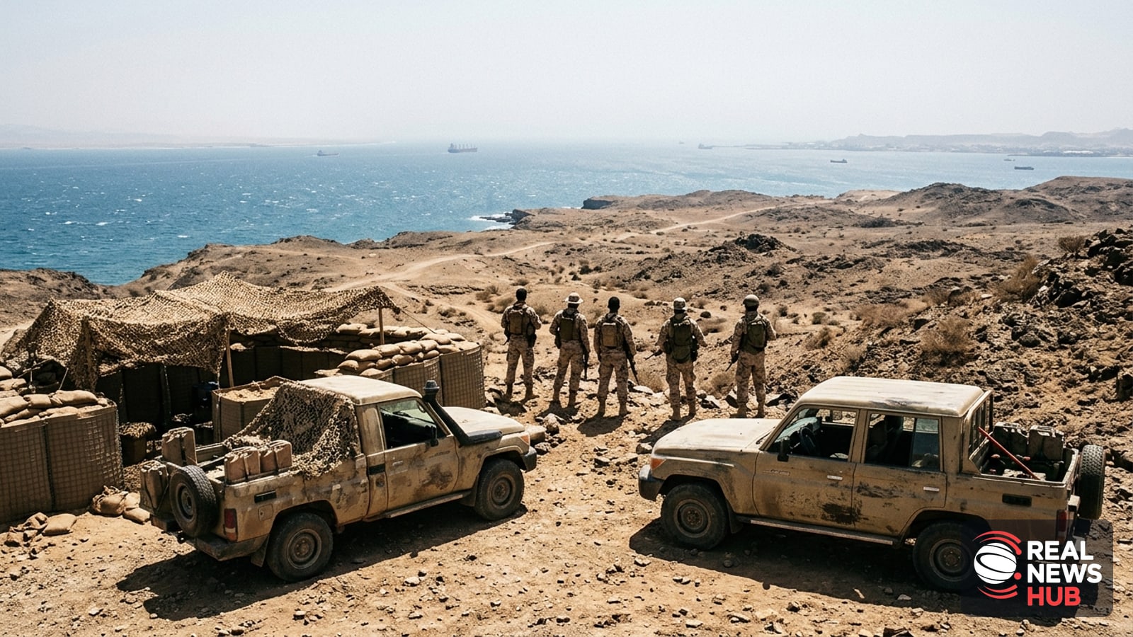 Yemeni coastal landscape overlooking the Bab al-Mandab Strait with an anonymous security patrol in the distance.