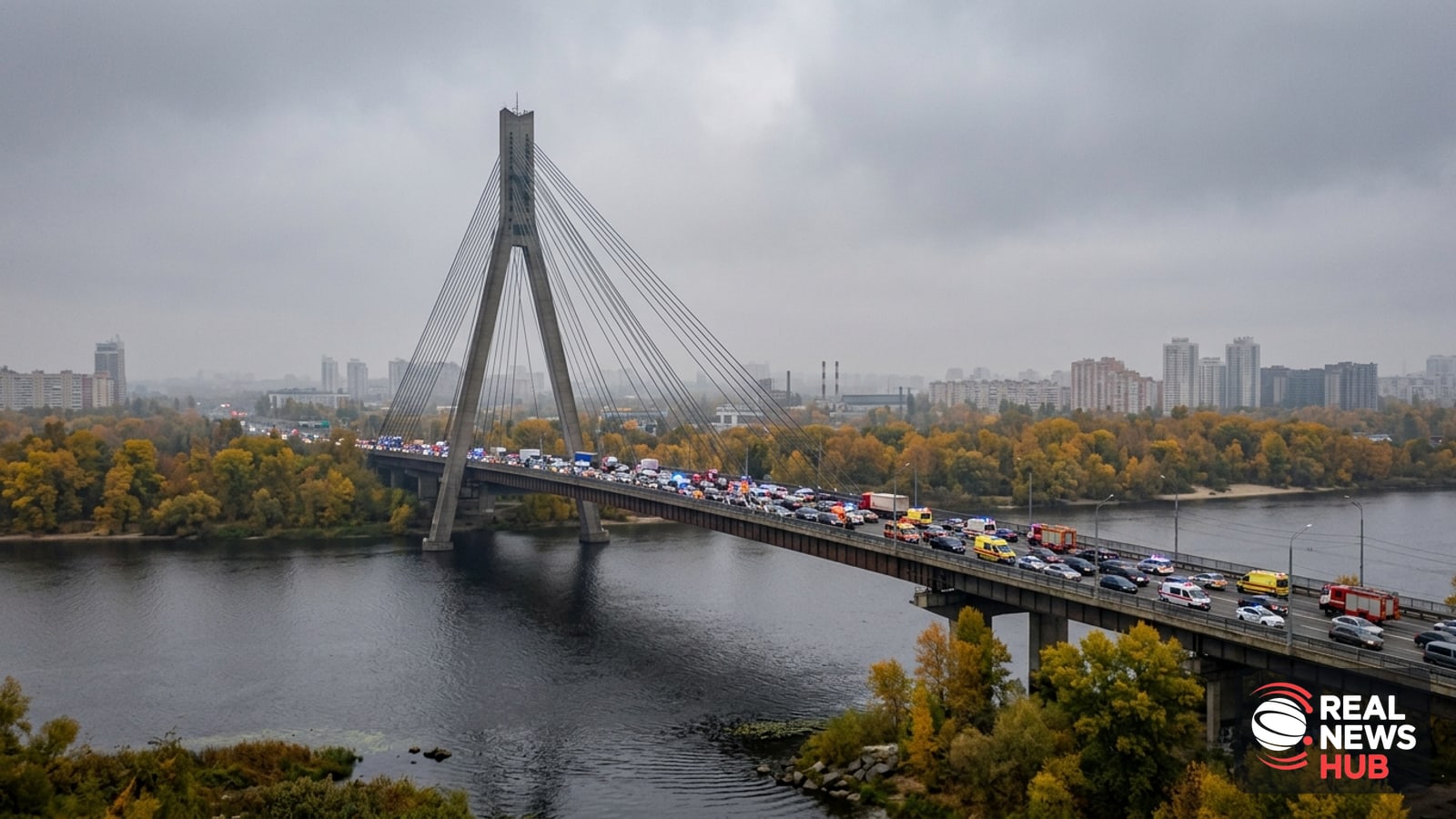 A large cable-stayed bridge spanning a river under overcast autumn skies, with faint emergency lights visible in the distance.