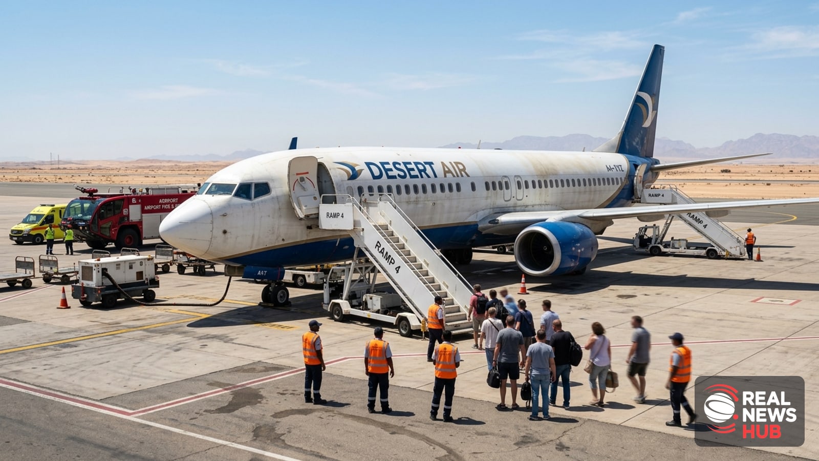 A commercial passenger jet parked on a sunny desert airport tarmac with mobile stairs and ground vehicles nearby.
