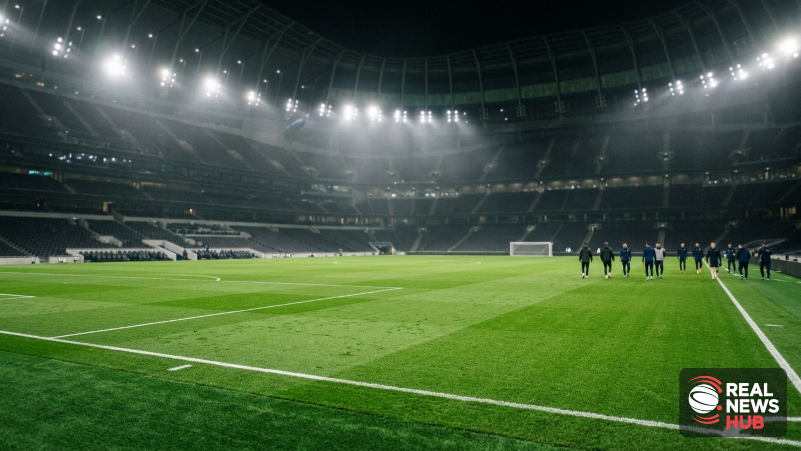 A modern football stadium under bright floodlights at night with an empty pitch and generic blurred figures in the background.