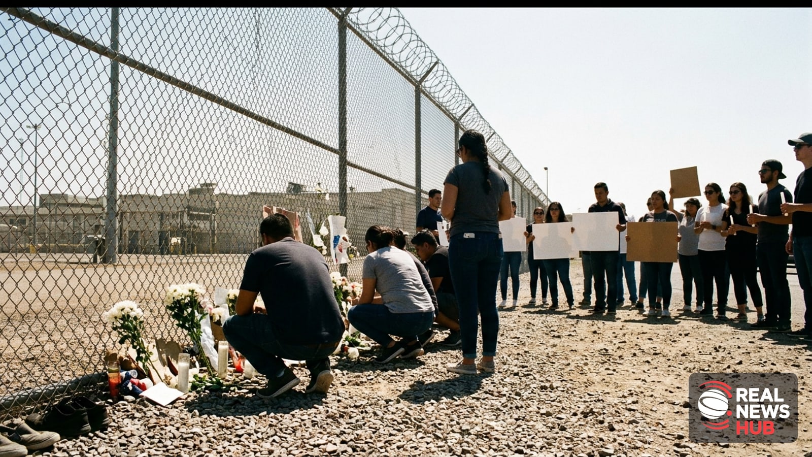Demonstrators hold a vigil outside an immigration detention facility, placing flowers near a security fence.