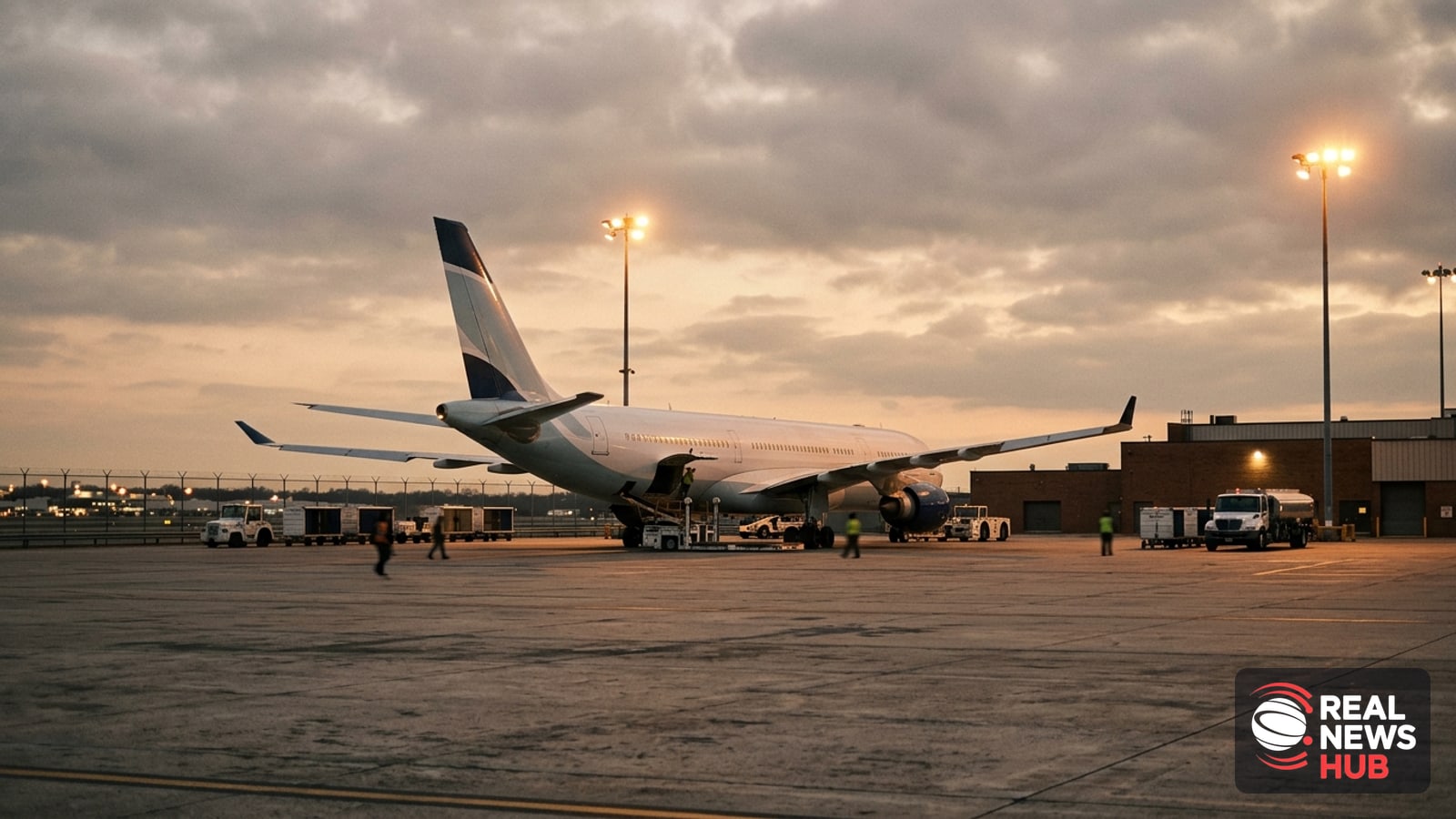 Commercial airliner parked on an airport tarmac at dusk with ground support vehicles nearby.
