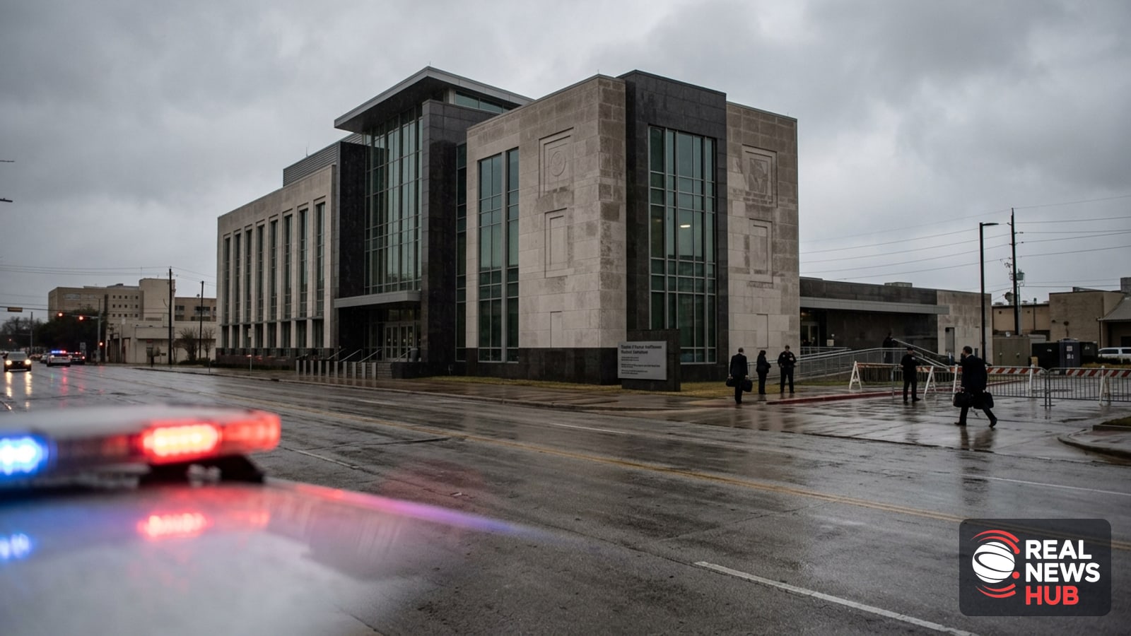 A federal courthouse exterior in Texas with law enforcement vehicles parked outside.