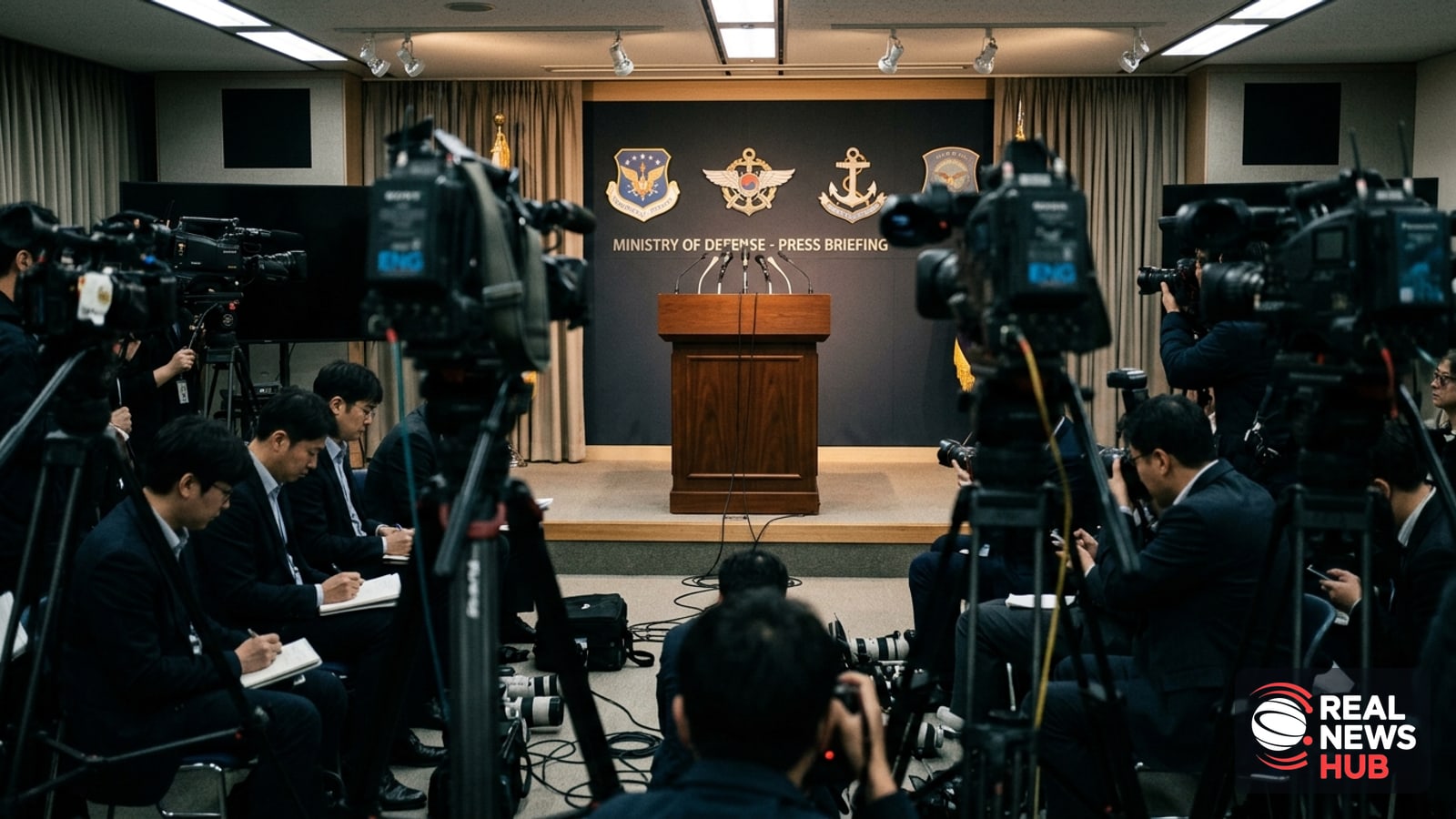 View of the Pentagon exterior courtyard and press briefing room setting with microphones and an empty podium.