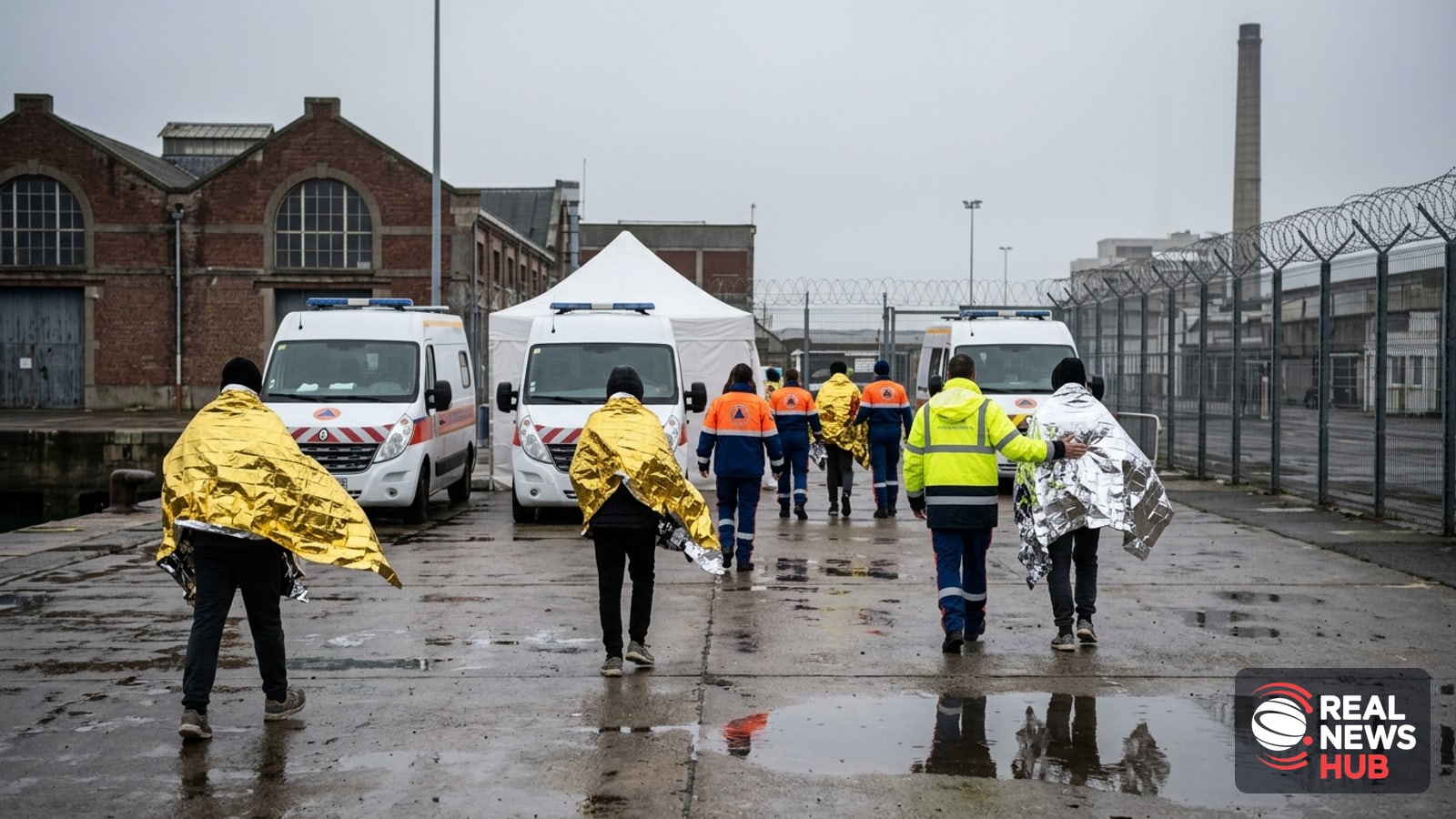 Rescued migrants wrapped in gold survival blankets walk past emergency response vans at the port of Calais after a Channel crossing rescue.