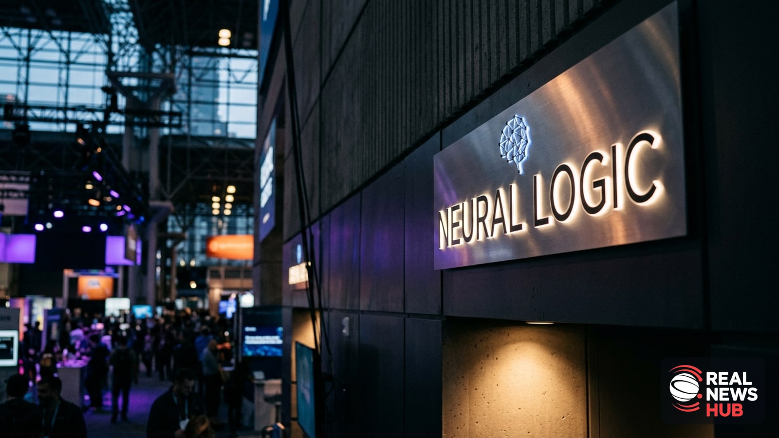 Close-up of an illuminated tech company sign on a wall at a conference venue, evoking AI industry announcements.
