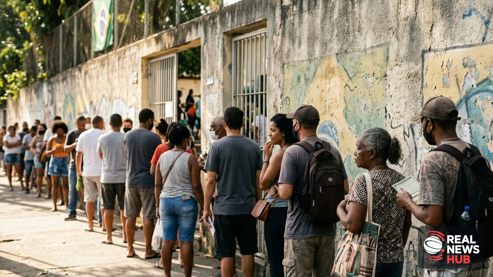 Voters wait in line outside a polling station in Brazil under bright daylight.