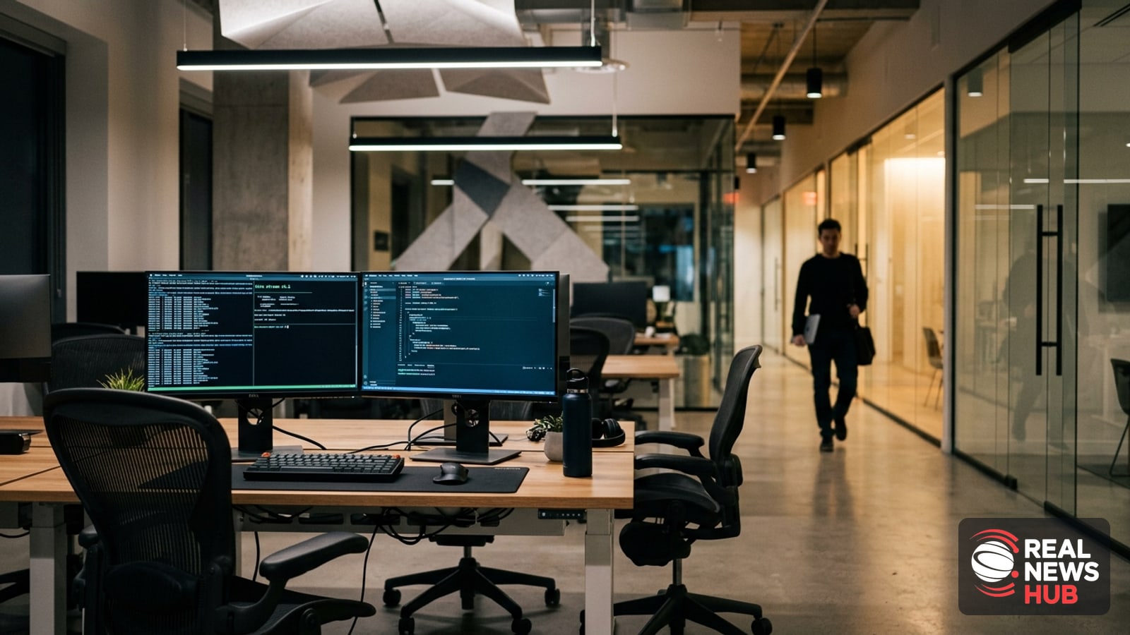 A modern tech office with empty desks, glowing monitors, and a glass-walled conference room.