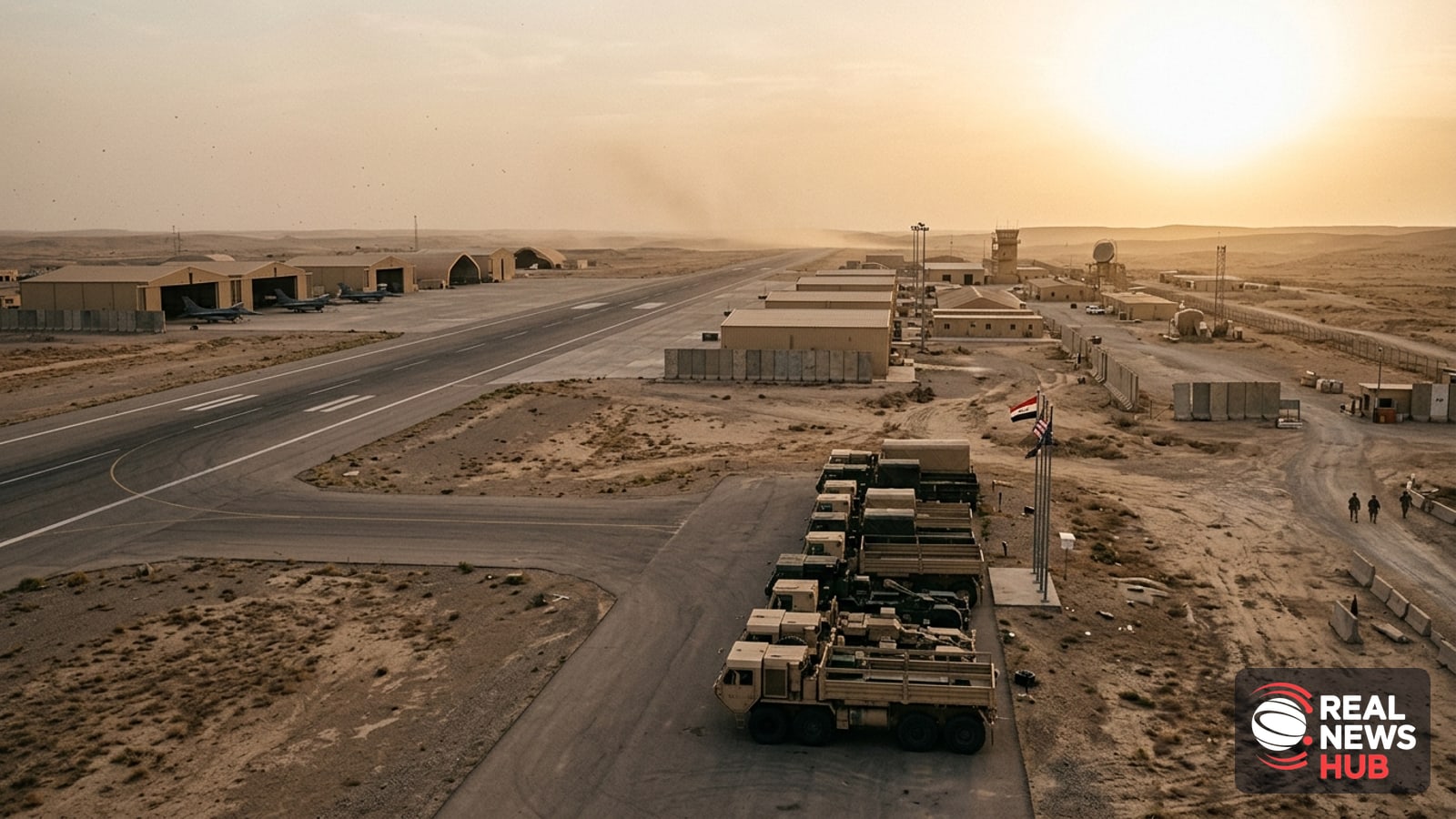 Military transport trucks parked near a desert airfield in Iraq under a dusty afternoon sky.