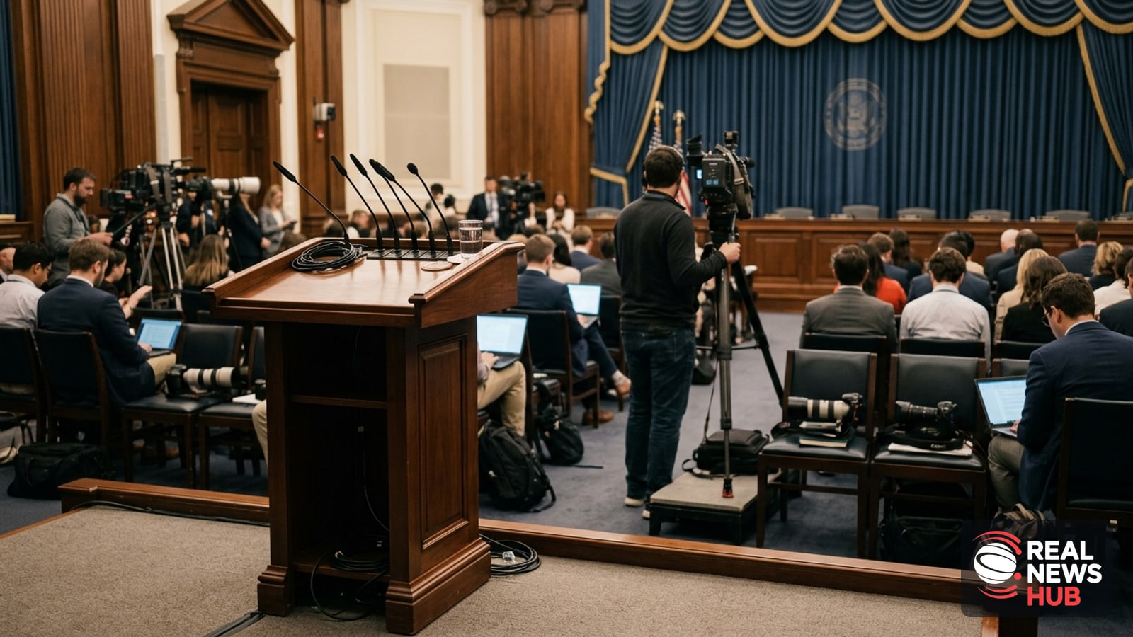 A wide shot of a White House briefing room with an empty podium and microphones, set against government drapery.