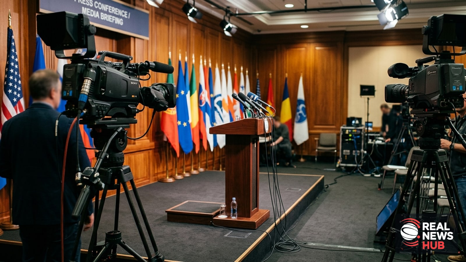 An empty press conference podium with microphones inside a government briefing room.