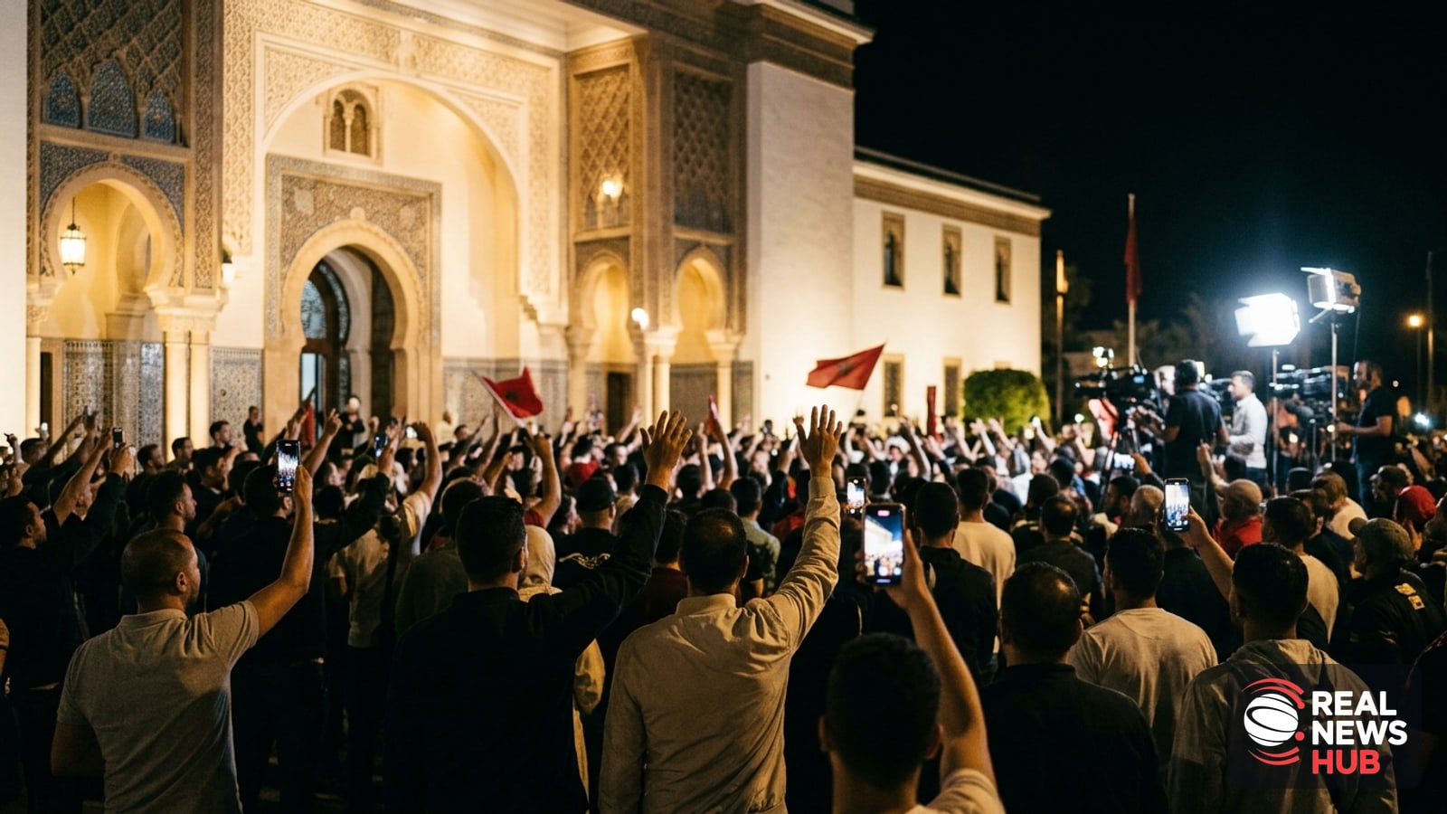 Crowd of supporters celebrates at night outside a government building in Morocco following a historic political announcement.