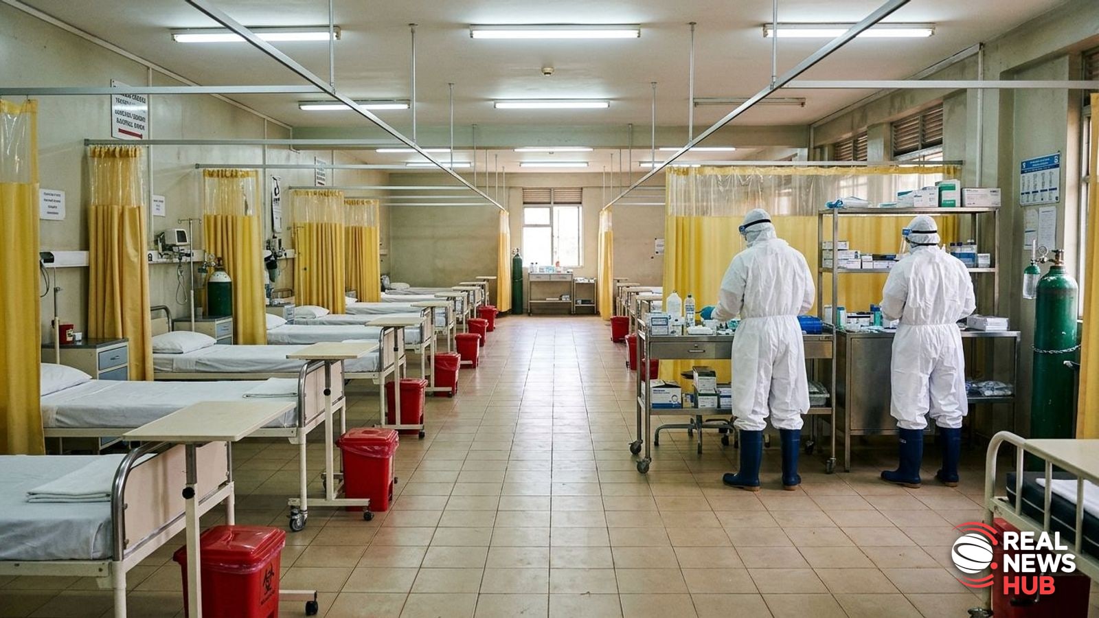 Healthcare workers in full PPE prepare medical equipment inside an Ebola isolation ward.