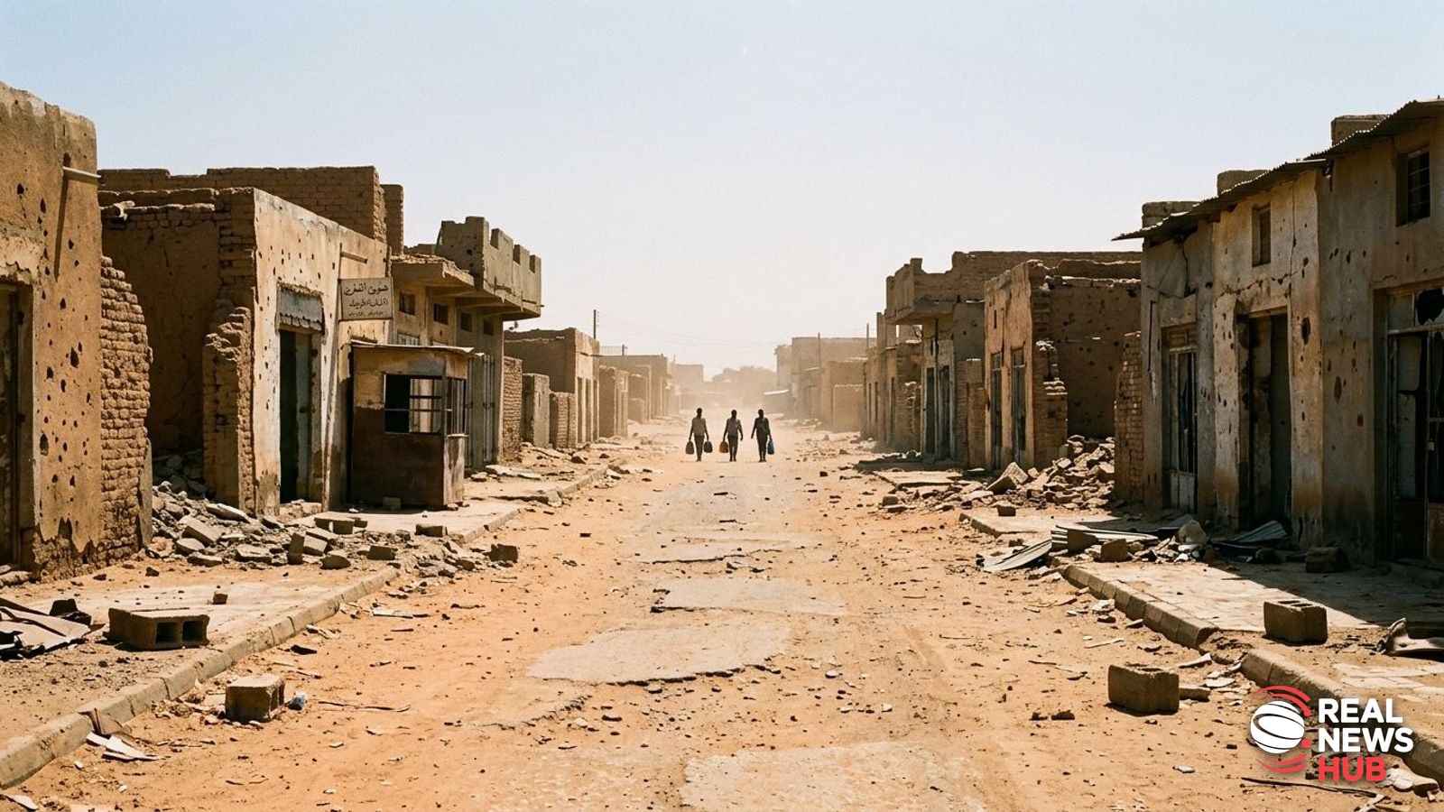 A dusty, deserted street in a Sudanese town with damaged buildings under harsh sunlight.