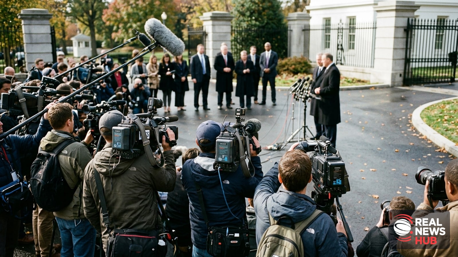 A throng of news media holding cameras and boom mics surrounding an outdoor government press conference area.