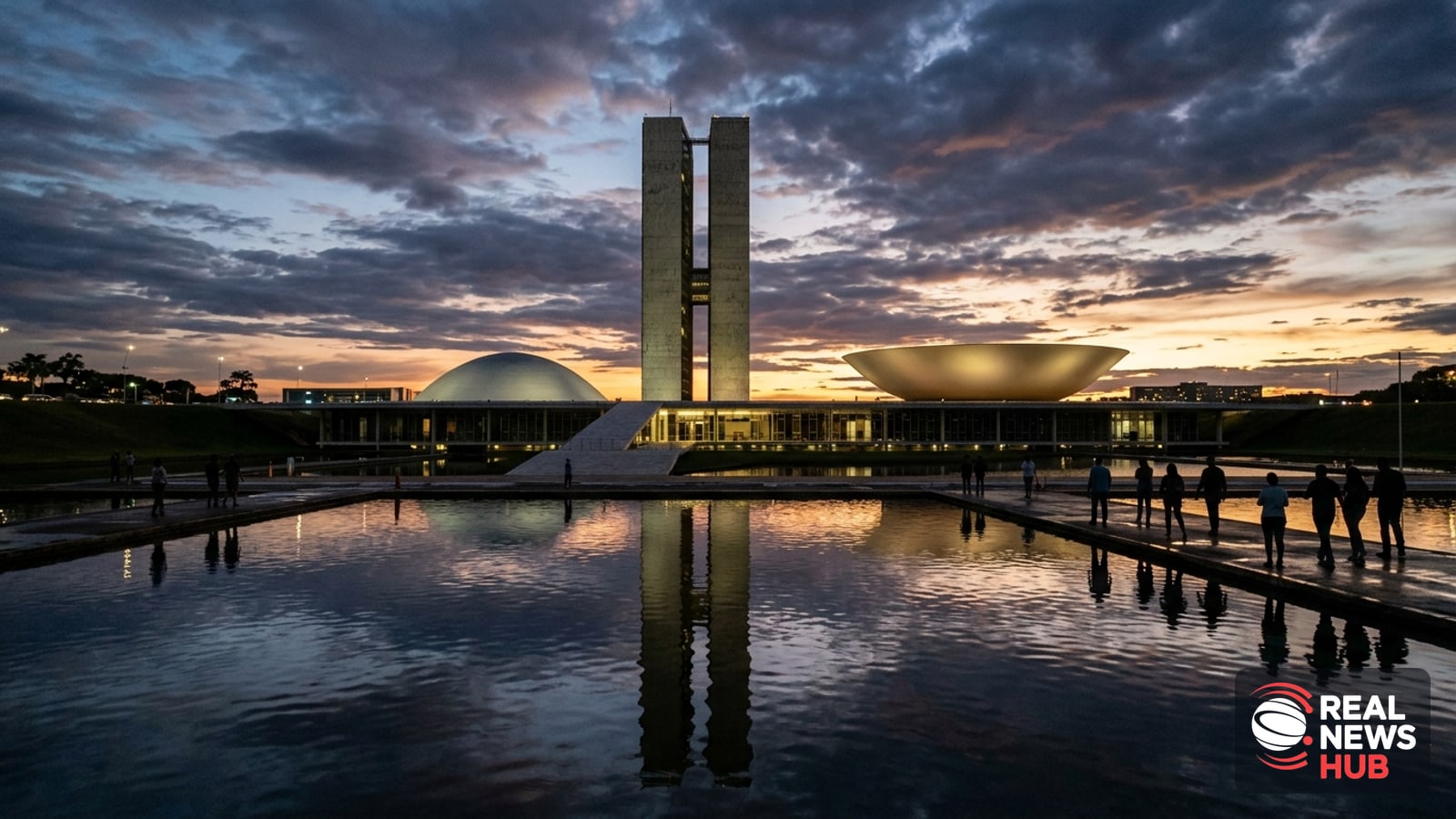 National Congress building in Brasília illuminated at dusk with anonymous spectators in the distance.