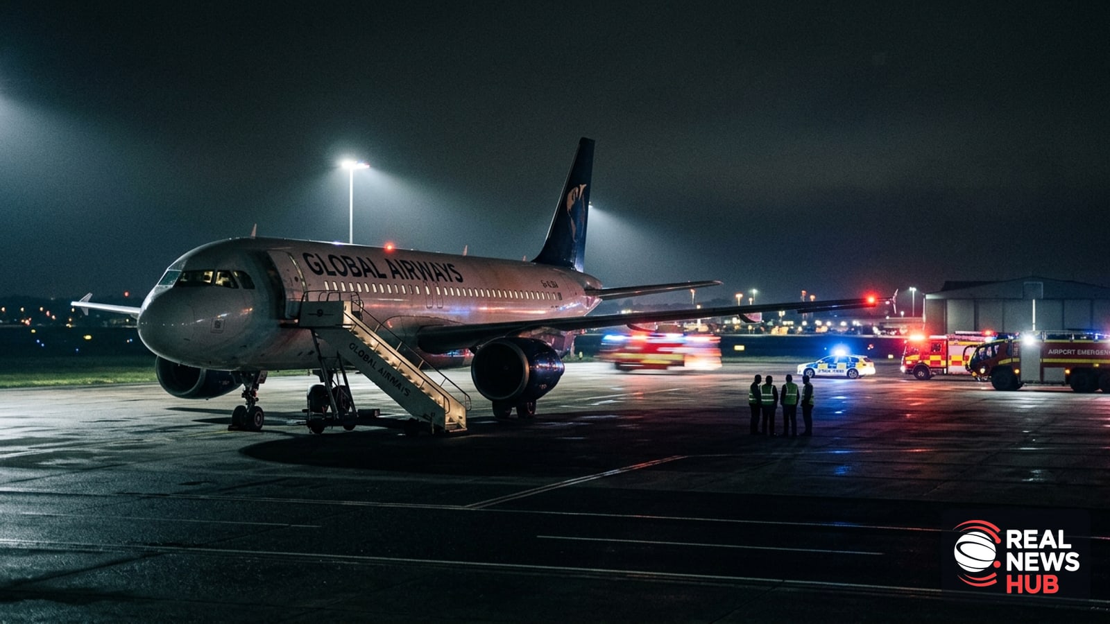 A passenger airplane parked on an airport tarmac at night with emergency vehicles in the background.