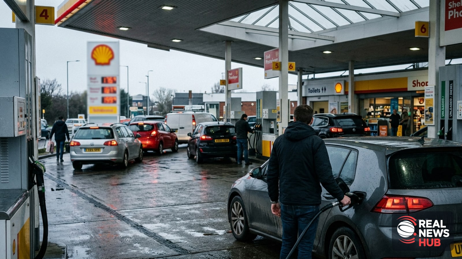 A line of cars queued at a petrol station forecourt under an overcast sky as a driver pumps fuel.