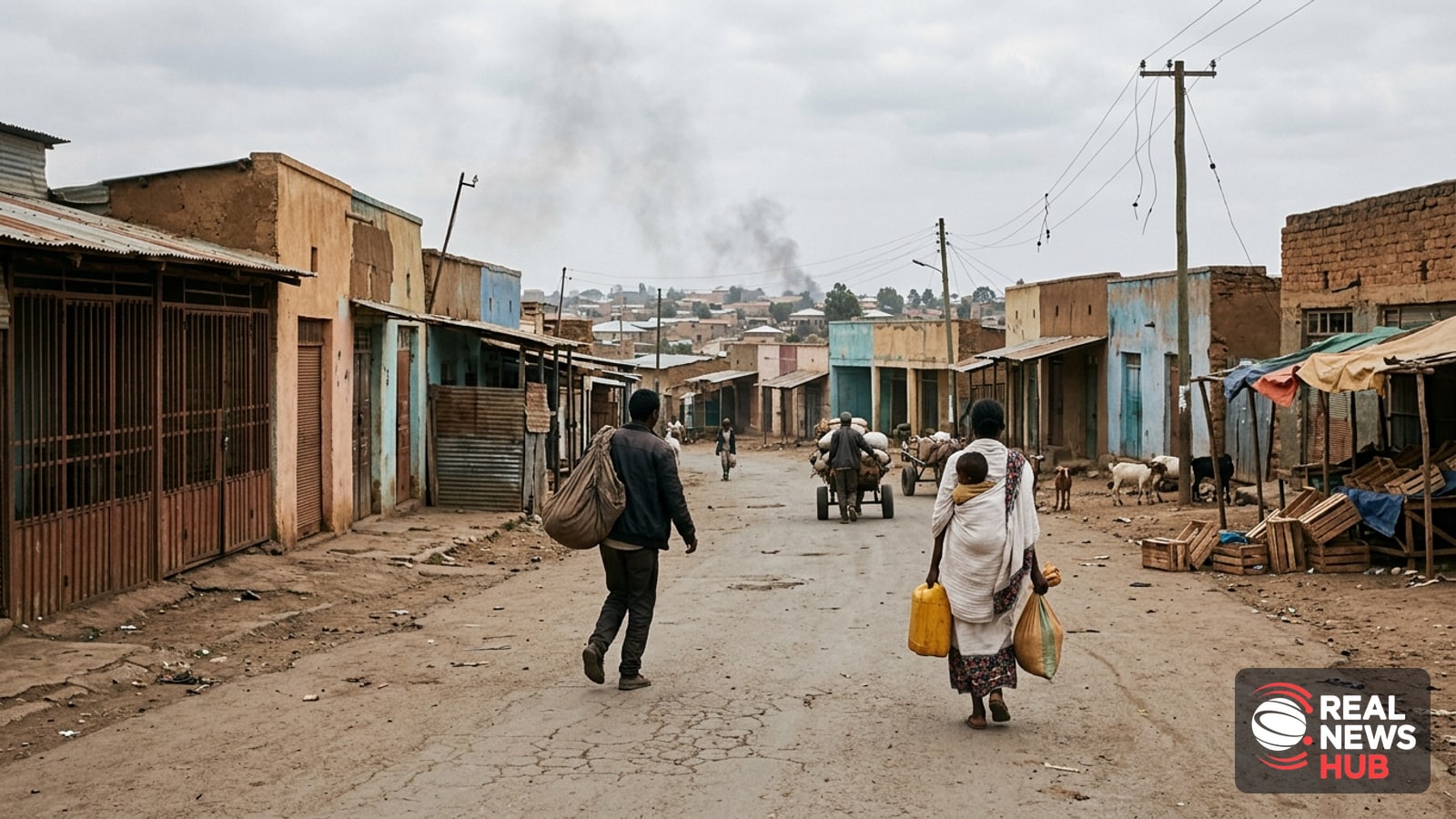 A tense, mostly empty market street in northern Ethiopia with shuttered stalls, distant smoke, and anonymous residents hurrying past amid conflict.