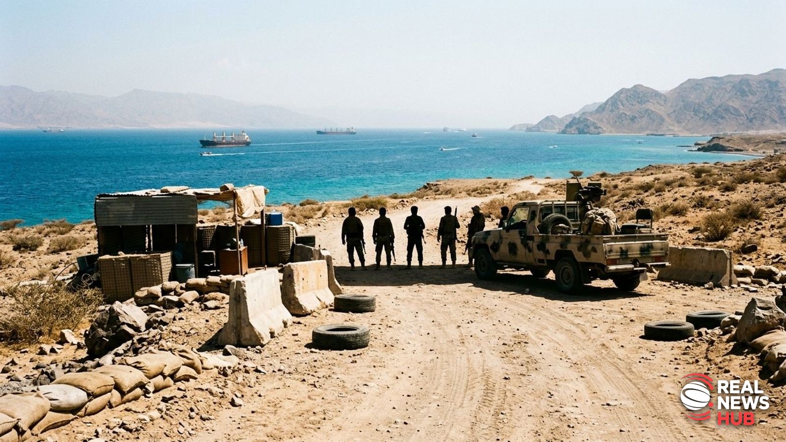 Yemeni coastal road overlooking the Red Sea with military vehicles and soldiers in the distance under bright sunlight.