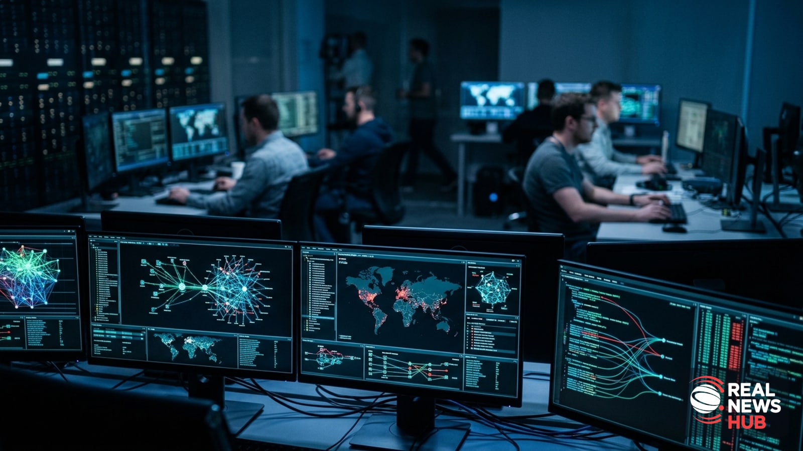 Dimly lit government cybersecurity operations room with glowing network data on server screens.