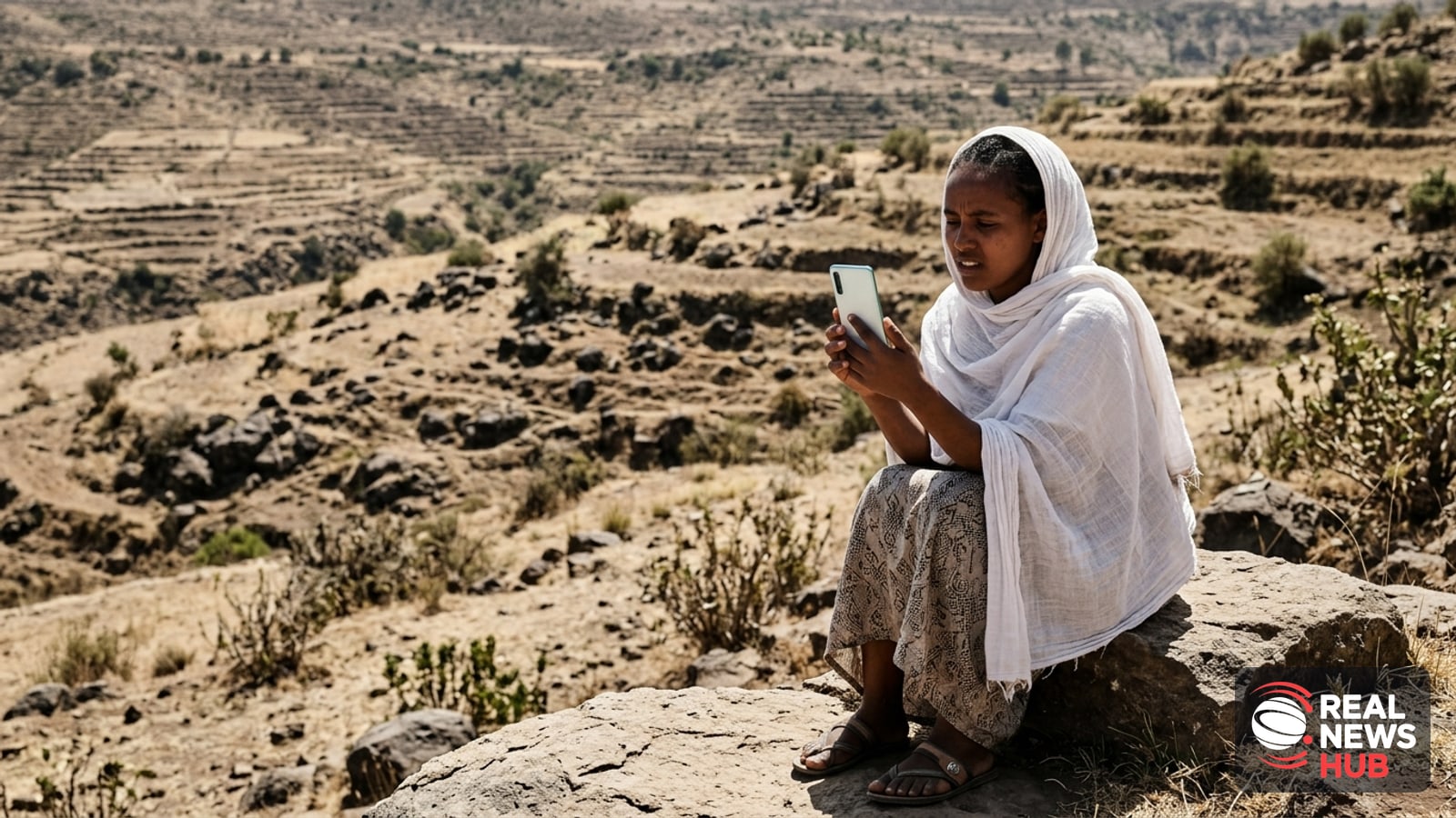 A woman sits alone on a rock in a rural Tigray landscape, holding up a phone with no signal, amid dry terraced hills.
