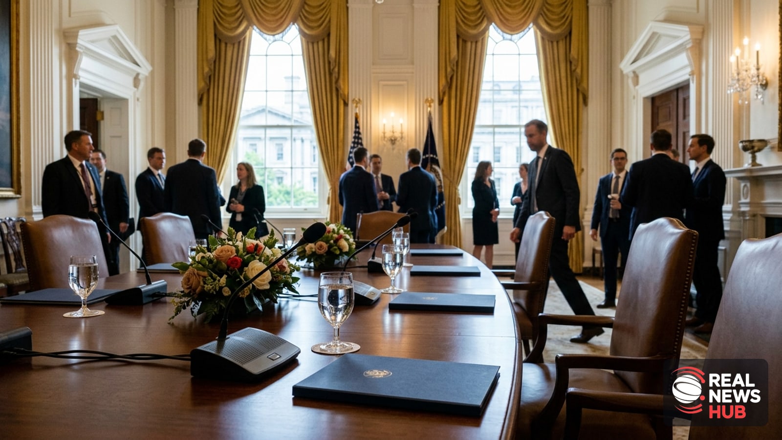 An opulent government conference room with polished wooden tables, microphones, and empty executive chairs before a meeting.