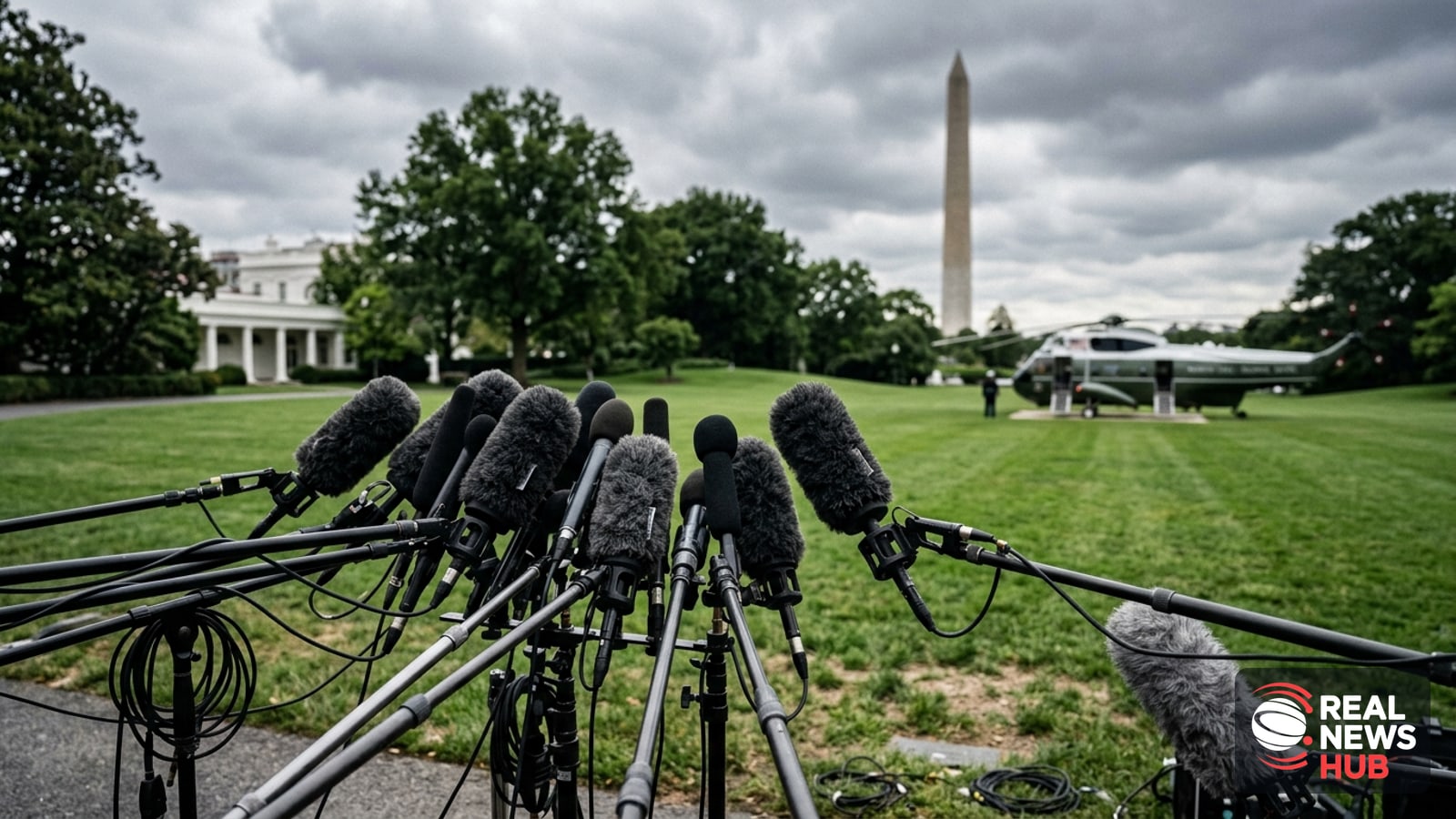 Microphone boom poles and press cameras set up outside the White House with the Washington Monument in the background under an overcast sky.