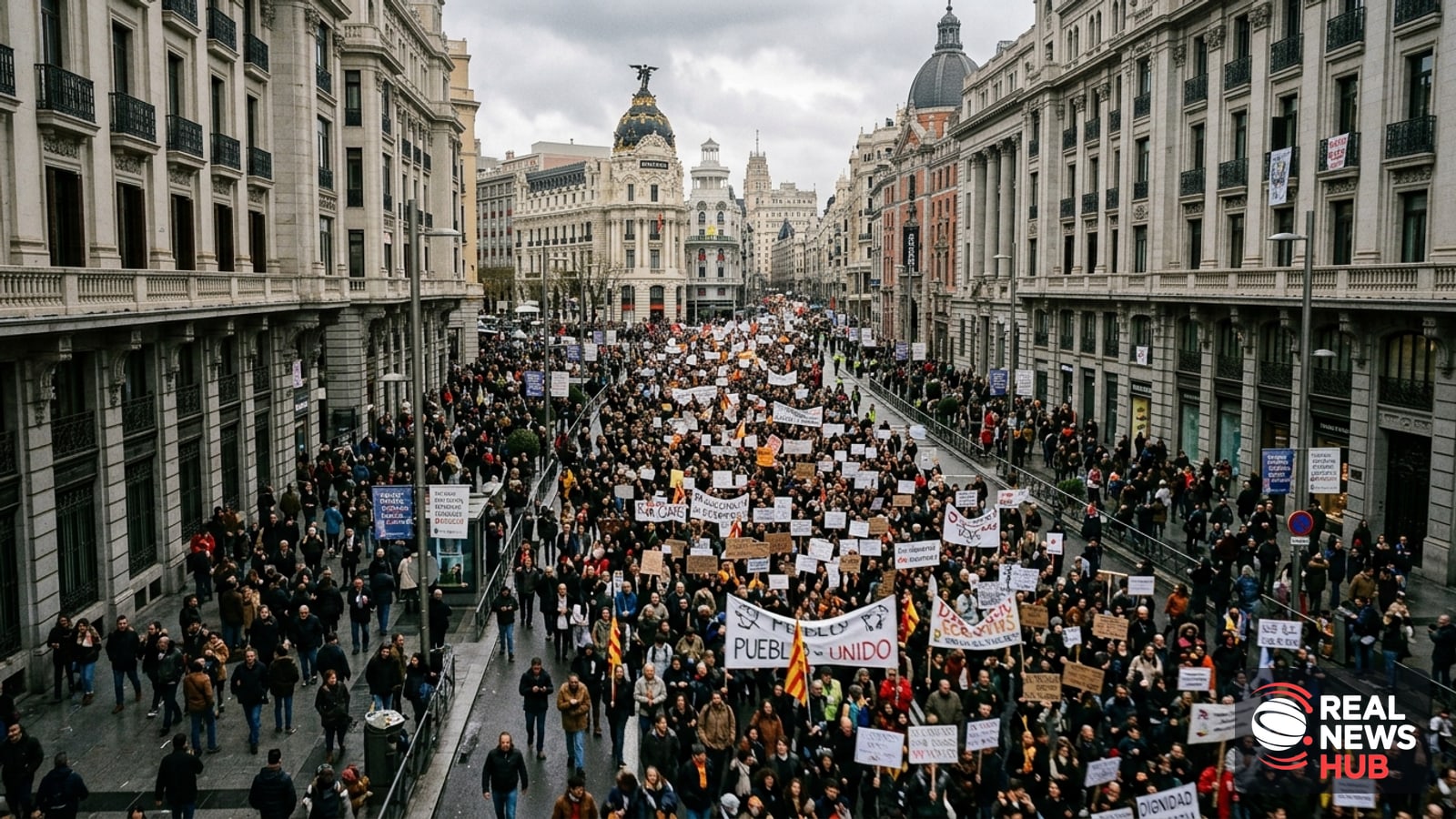 Masses of demonstrators march through a wide Madrid boulevard during a major housing protest under an overcast sky.