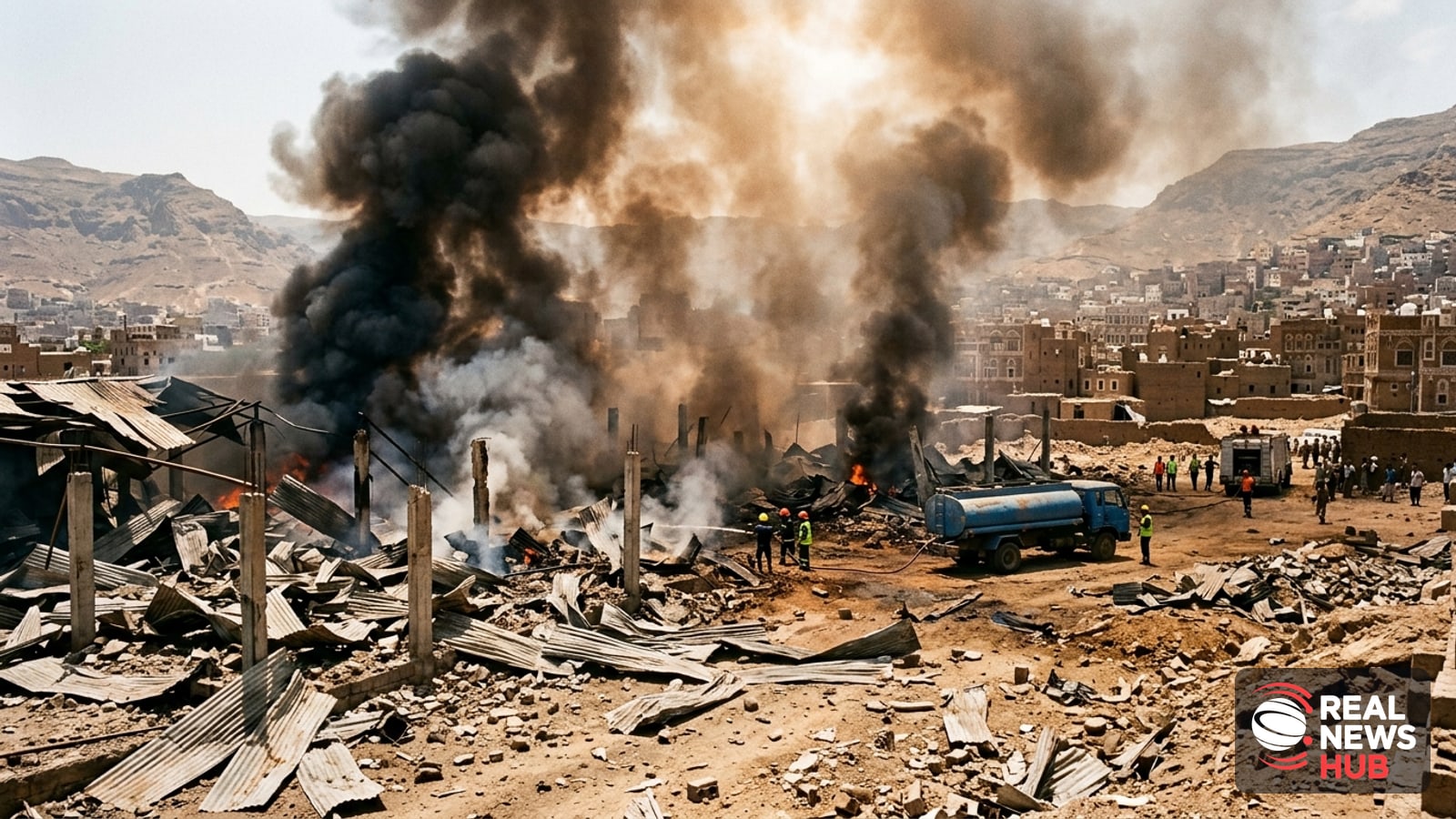 Plumes of smoke rise from an industrial area in an arid city landscape during daytime conflict in Yemen.