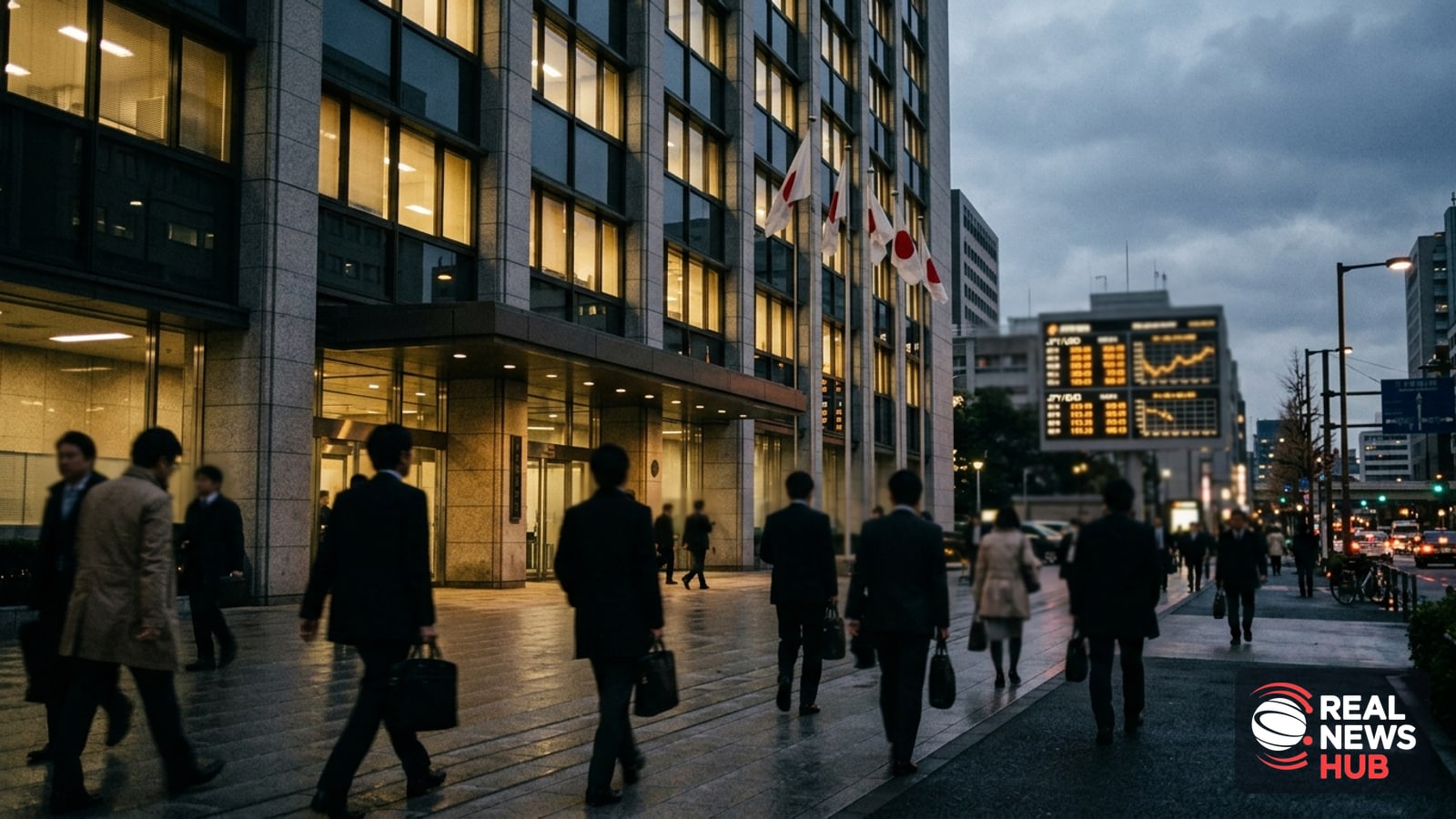 Tokyo financial district at dusk with a government building and blurred currency exchange board reflecting yen-dollar rate concerns.