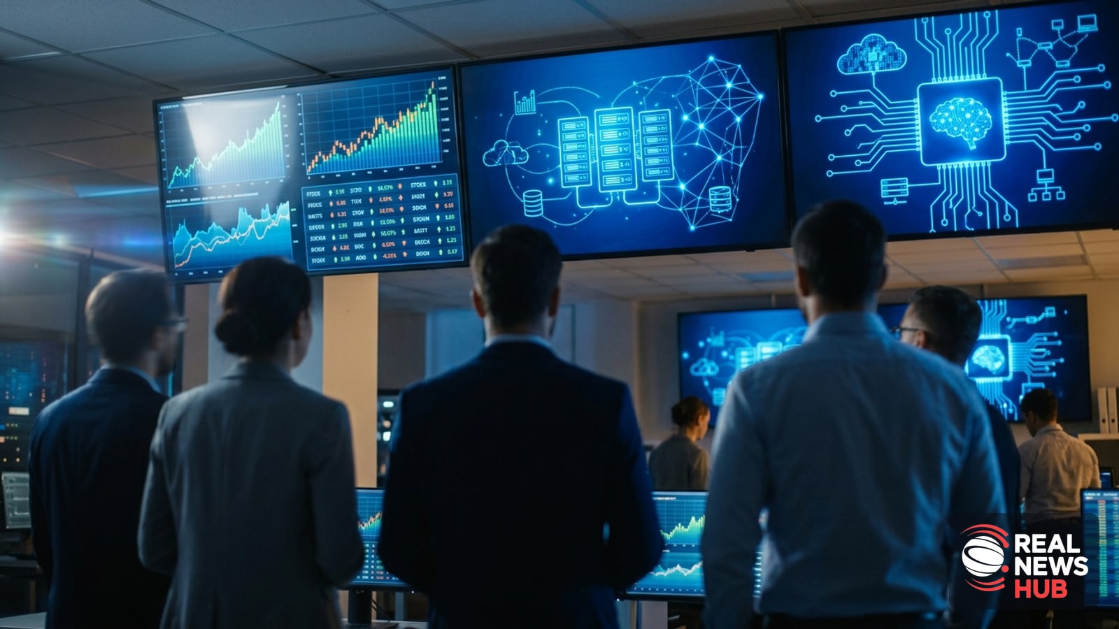 Blurred analysts look up at glowing financial and AI data screens in a dim trading floor, symbolizing AI investment and risk.