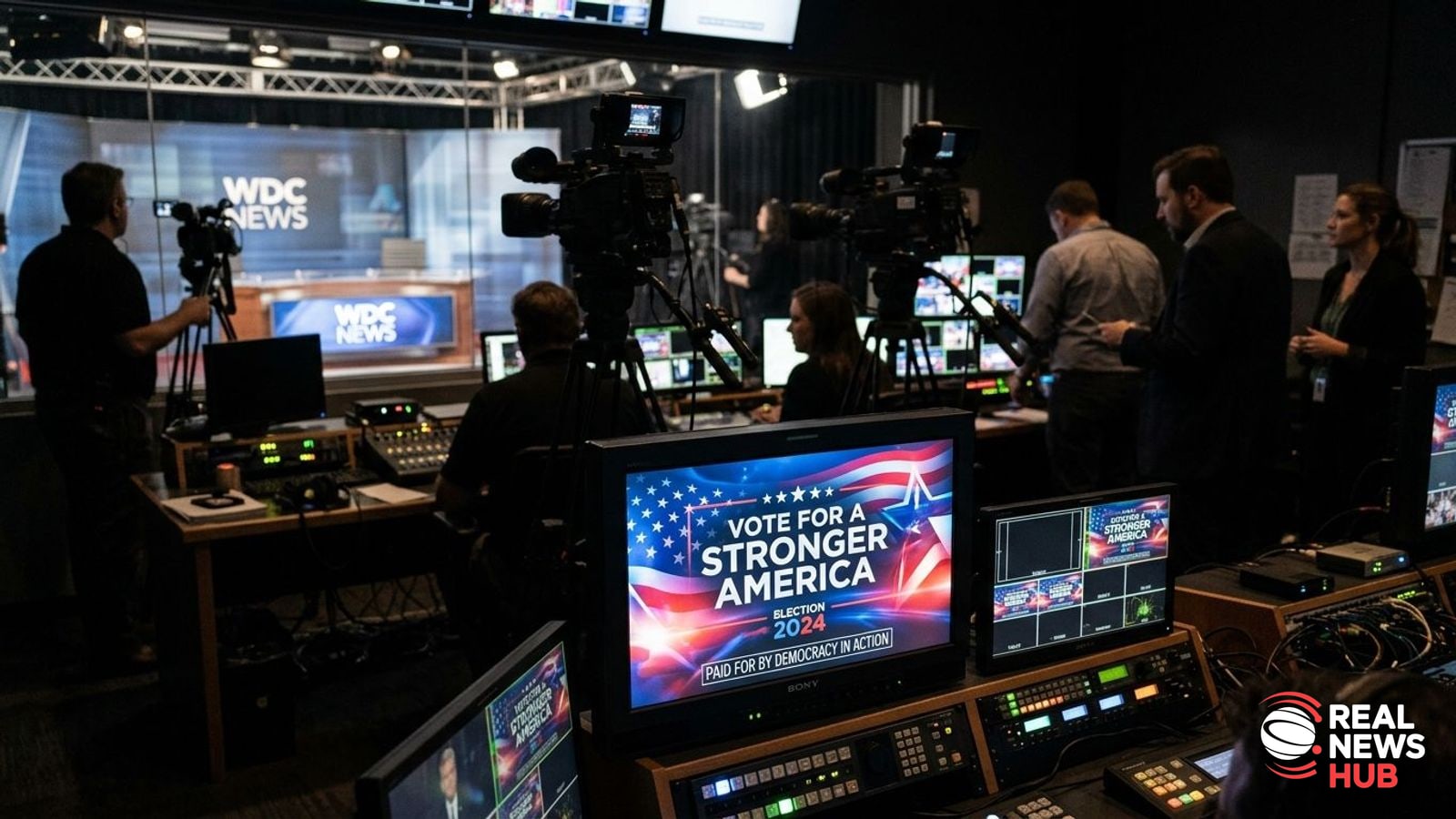 A broadcast studio monitor displaying political campaign graphics in front of a blurred press room backdrop.