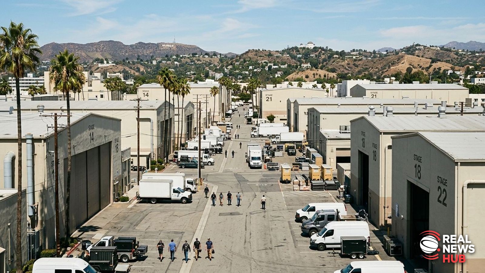 A wide shot of a Hollywood movie studio backlot featuring large soundstages and palm trees under a bright blue sky.