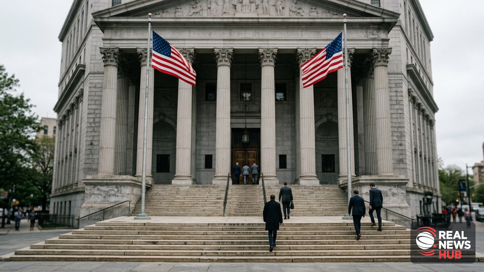 Exterior of a courthouse with anonymous figures on the steps, illustrating a legal case update story.