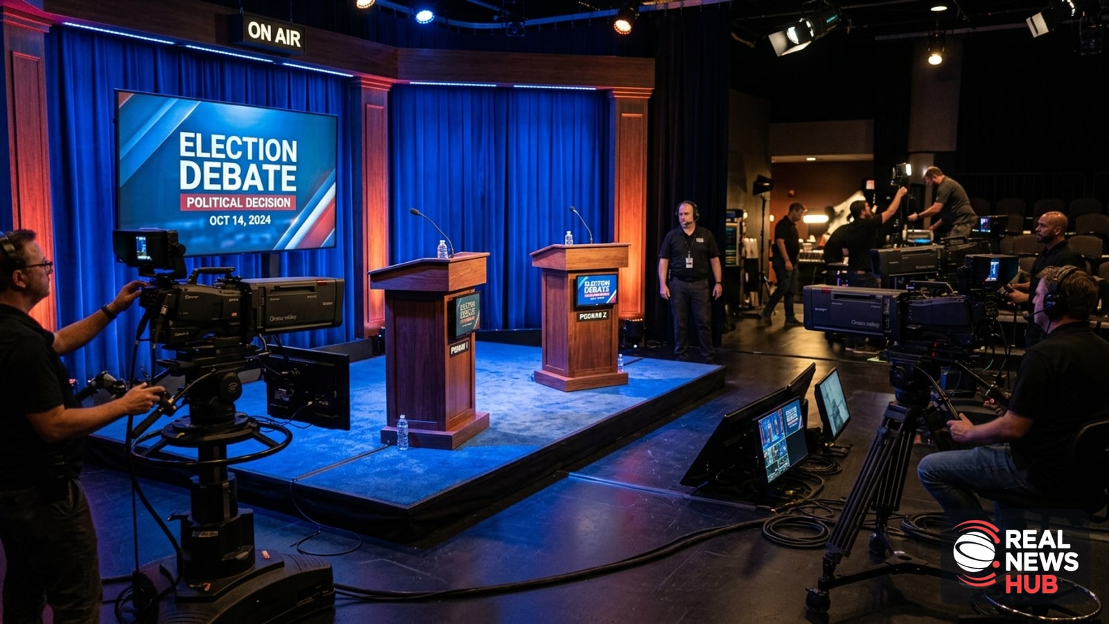 Empty political debate stage with podiums, microphones, and blue stage lighting before an election event.