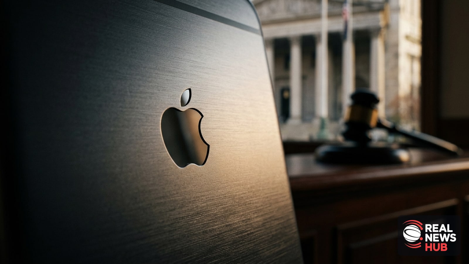 Close-up of a smartphone's metal back with a courthouse and gavel blurred in the background, symbolizing a patent lawsuit verdict.