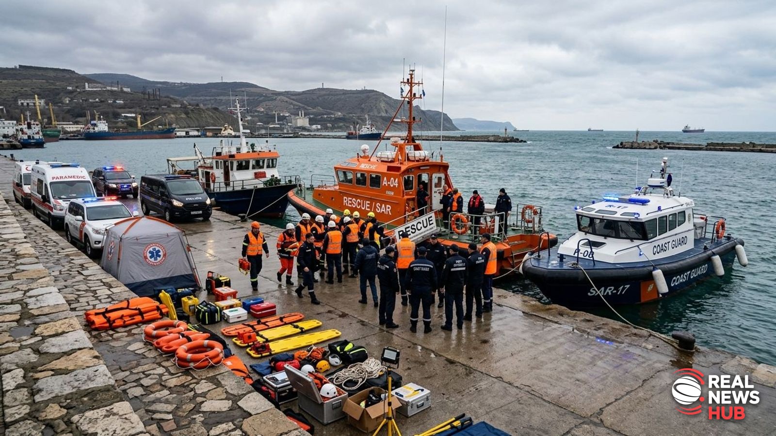 Emergency responders and coast guard vessels docked at a Black Sea port during a search and rescue operation.