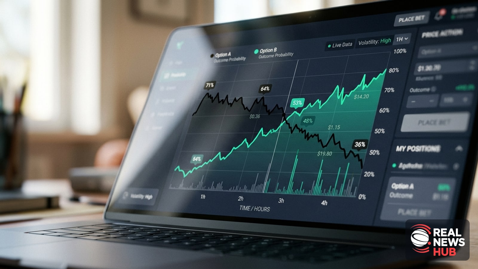 Close-up of a laptop screen showing intersecting probability trend lines on a prediction market trading platform
