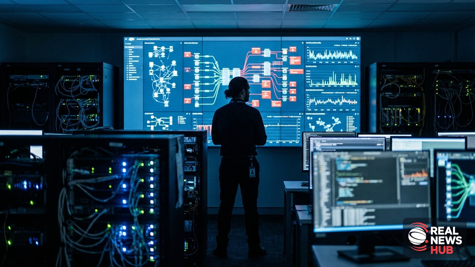 Dim server room with a generic IT analyst viewed from behind, examining data dashboards on a screen, symbolizing a cybersecurity breach investigation.