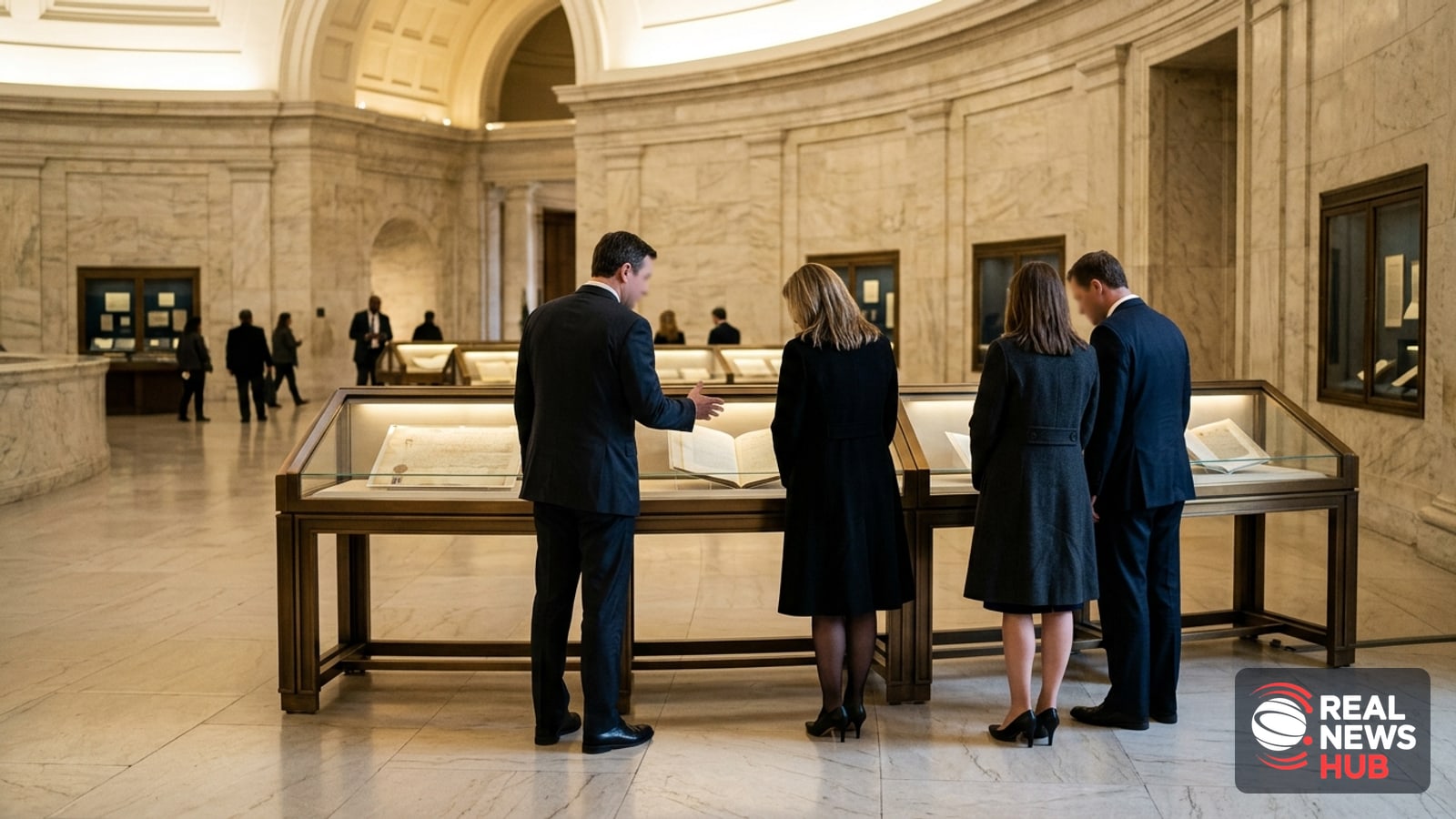 Generic dignitaries viewing historic documents in glass display cases inside a marble archive rotunda.