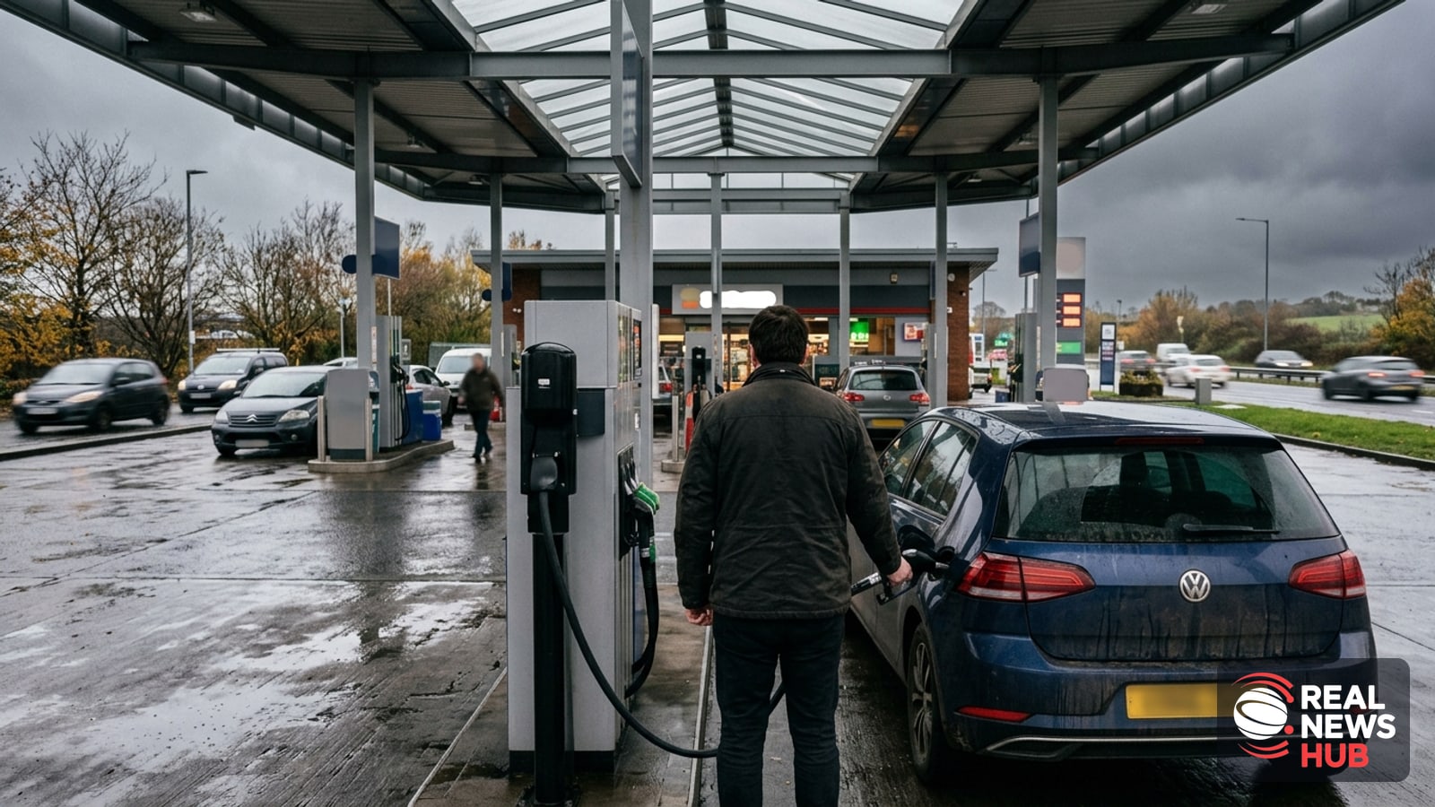 A driver fills their car tank with a diesel fuel nozzle at a petrol station forecourt on an overcast day.